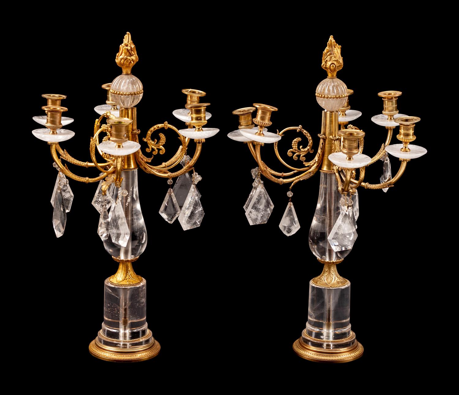 A Pair of Louis XVI Style Gilt-Bronze and Rock Crystal Six-Light Candelabra