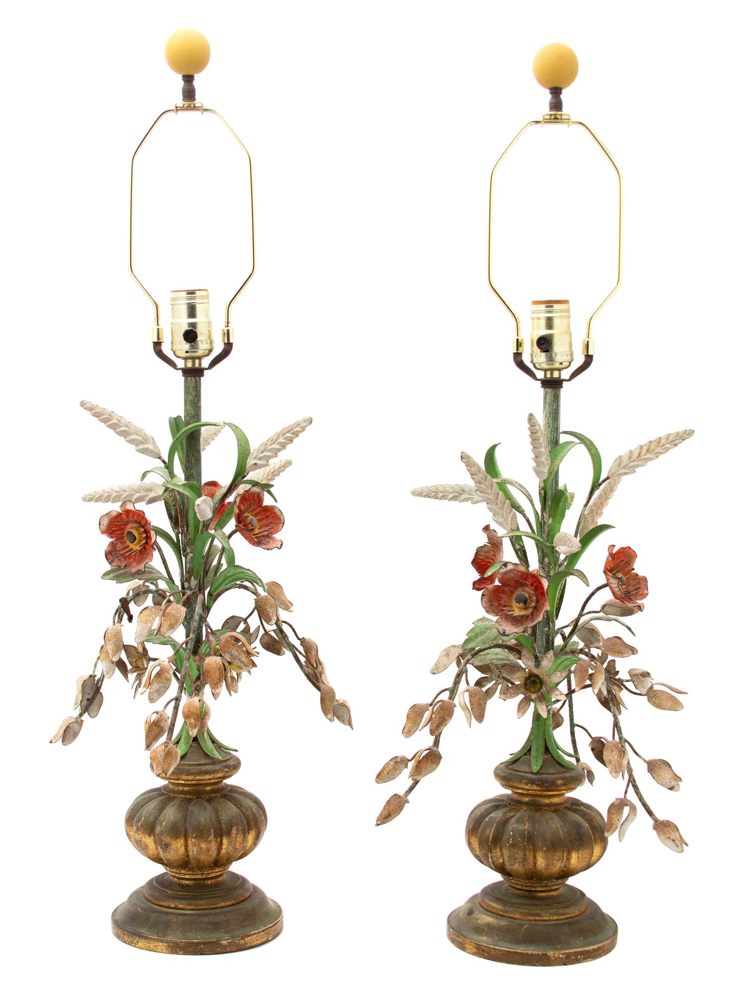 A Pair of Italian Painted Tole and Giltwood Table Lamps Overall height 33 inches. — 20TH CENTURY