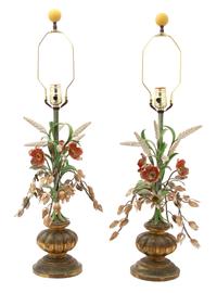 A Pair of Italian Painted Tole and Giltwood Table Lamps Overall height 33 inches. — 20TH CENTURY