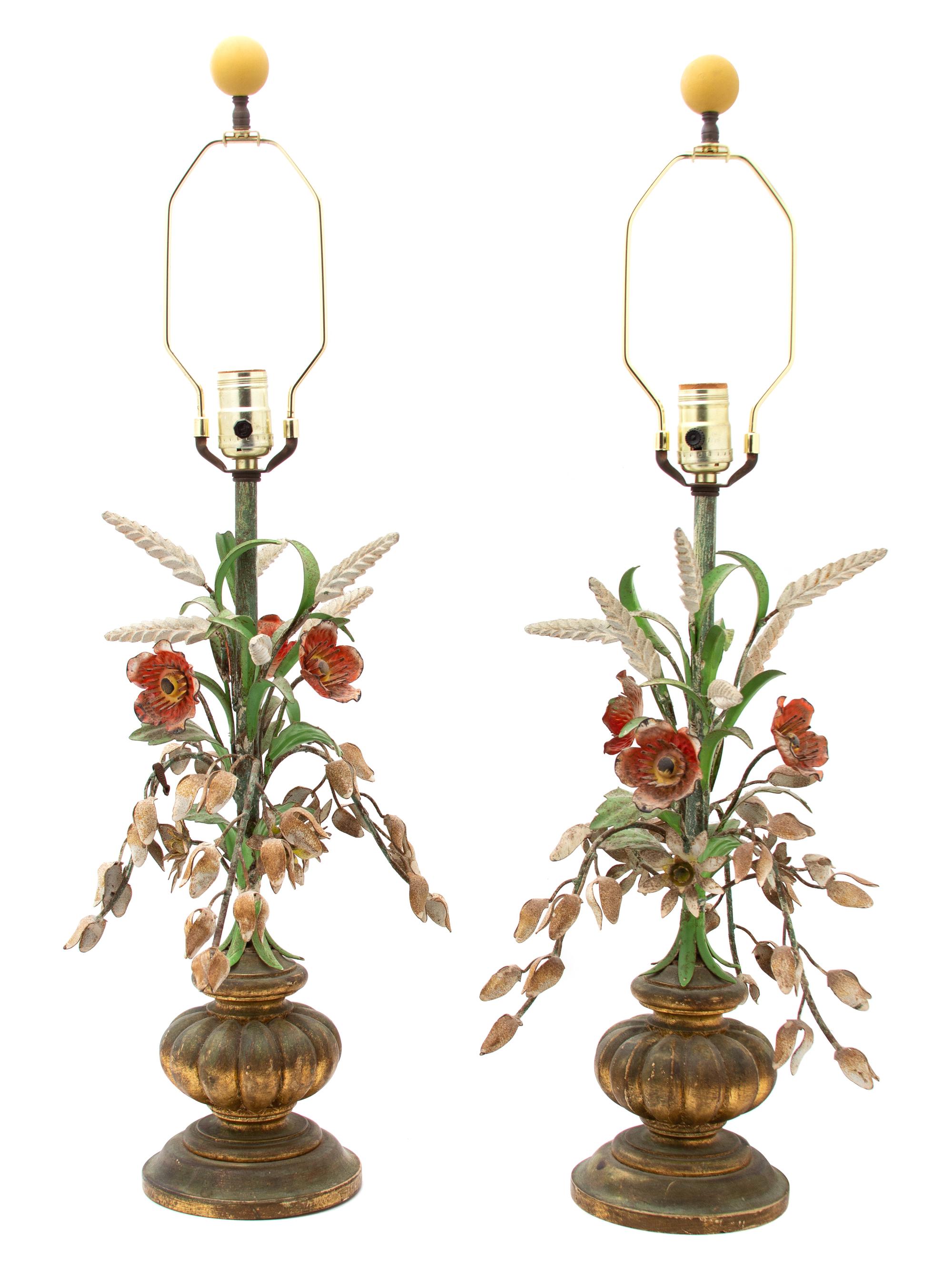 A Pair of Italian Painted Tole and Giltwood Table Lamps Overall height 33 inches. — 20TH CENTURY
