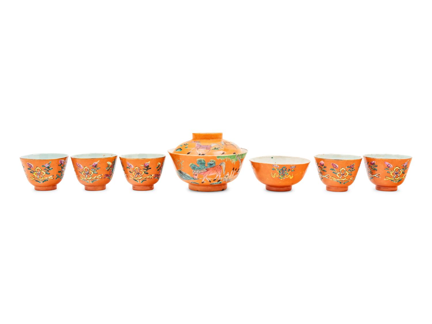 Seven Chinese Coral Red Ground Famille Rose Porcelain Wares