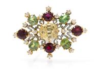 A Renaissance Revival Gold, Sapphire, Garnet, Diamond and Enamel Brooch, Paulding Farnham for Tiffany & Co., Circa 1900, 7.30 dwts.