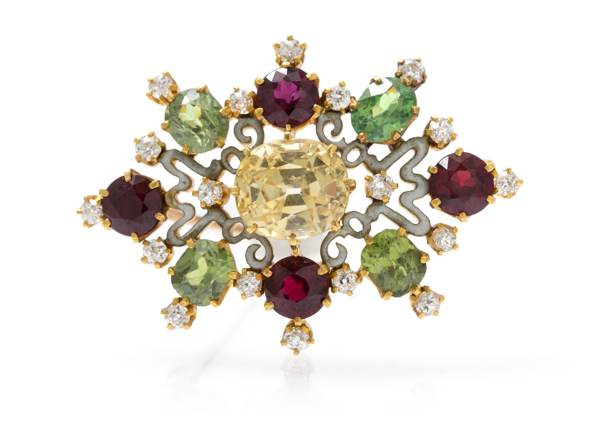 A Renaissance Revival Gold, Sapphire, Garnet, Diamond and Enamel Brooch, Paulding Farnham for Tiffany & Co., Circa 1900, 7.30 dwts.