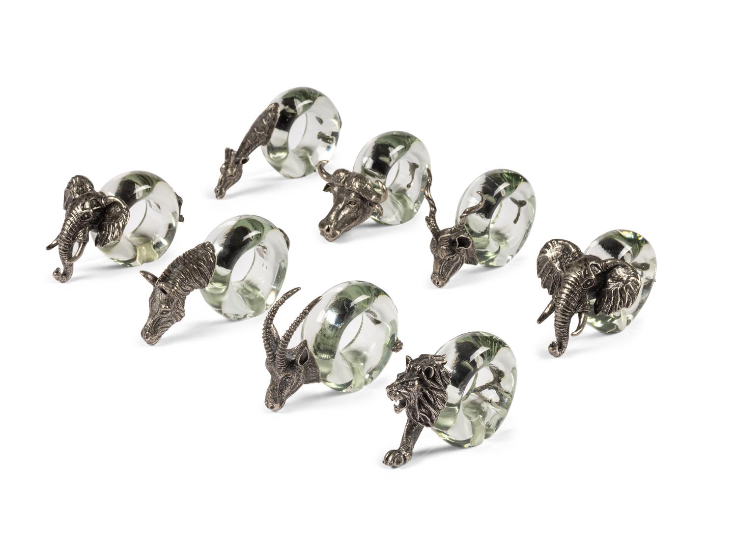 A Set of Eight Ngwenya Glass and Pewter Animal-Form Napkin Rings