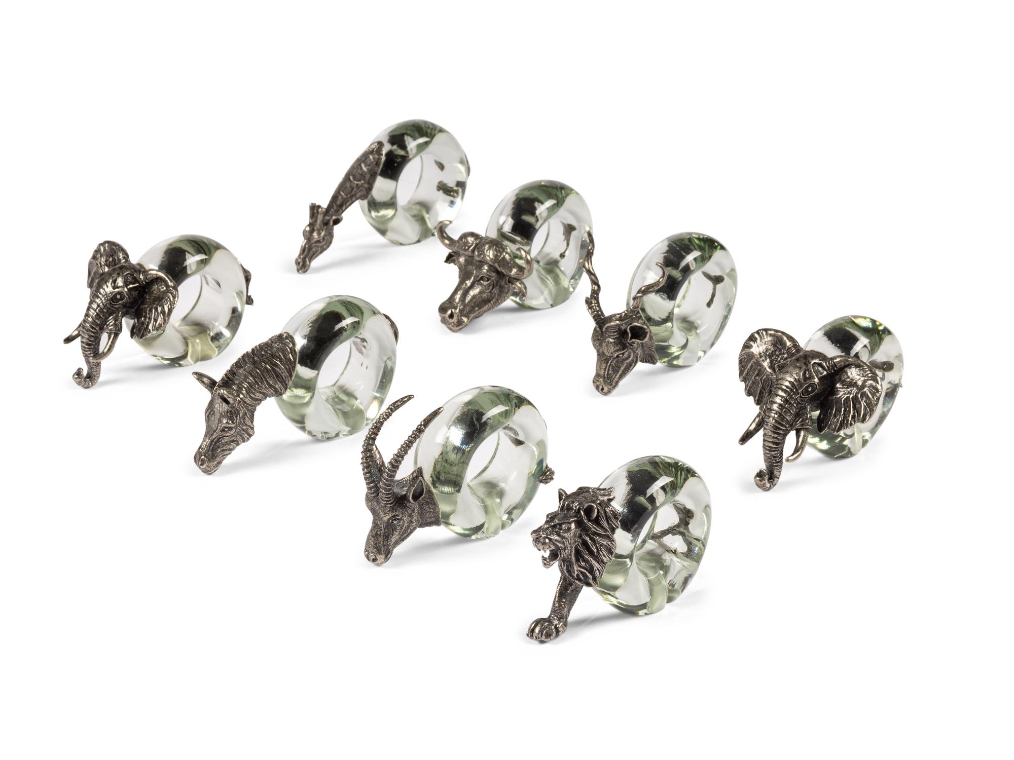 A Set of Eight Ngwenya Glass and Pewter Animal-Form Napkin Rings