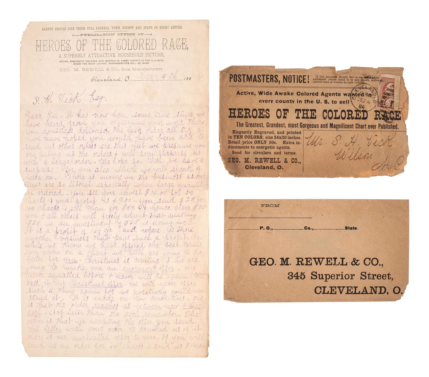 [AFRICAN AMERICANA]. Recruitment letter with cover seeking "Active, Wide Awake Colored Agents...in every county in the U.S." to sell "Heroes of the Colored Race." Cleveland, Ohio, 4 December 1884.