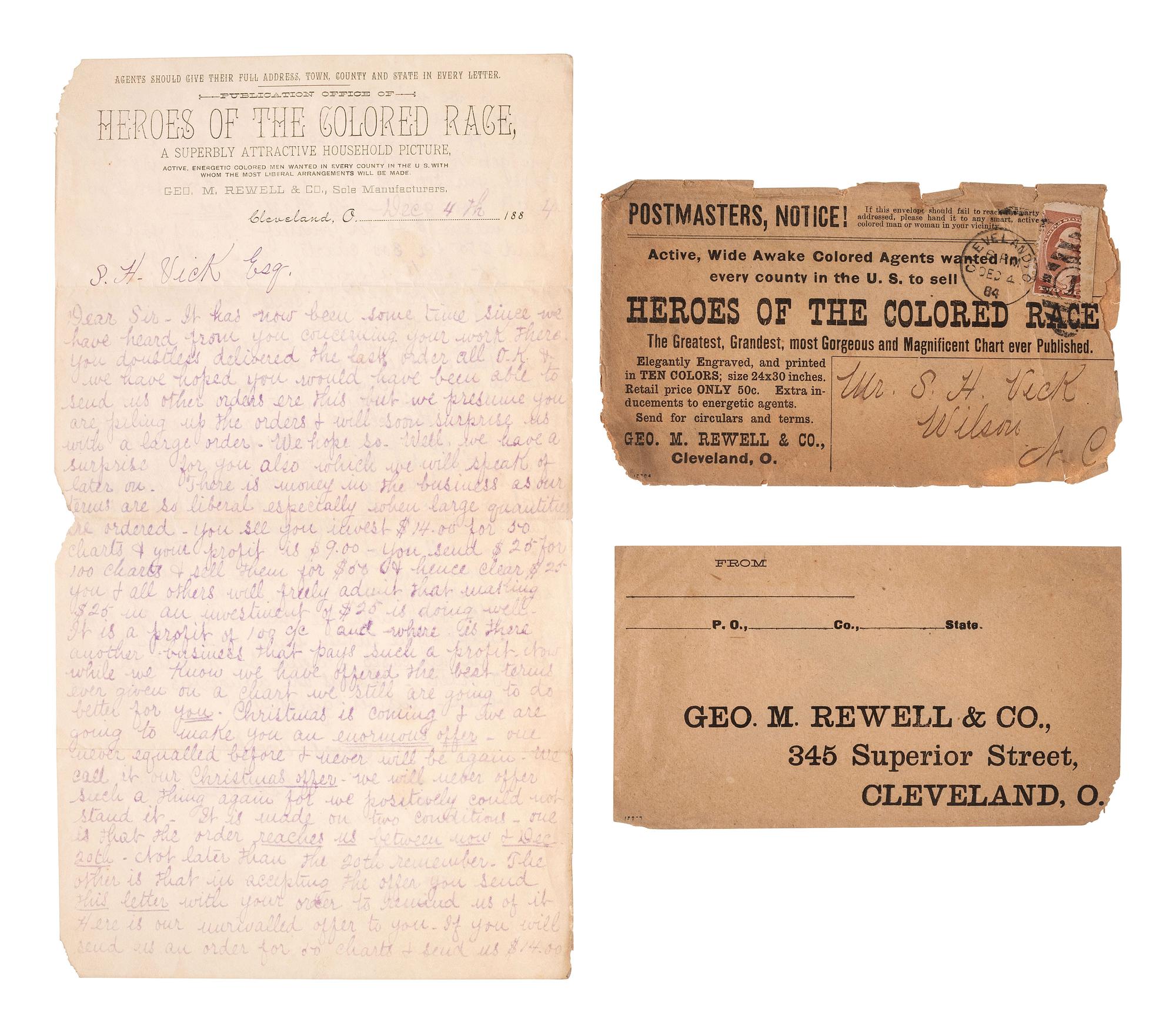 [AFRICAN AMERICANA]. Recruitment letter with cover seeking "Active, Wide Awake Colored Agents...in every county in the U.S." to sell "Heroes of the Colored Race." Cleveland, Ohio, 4 December 1884.