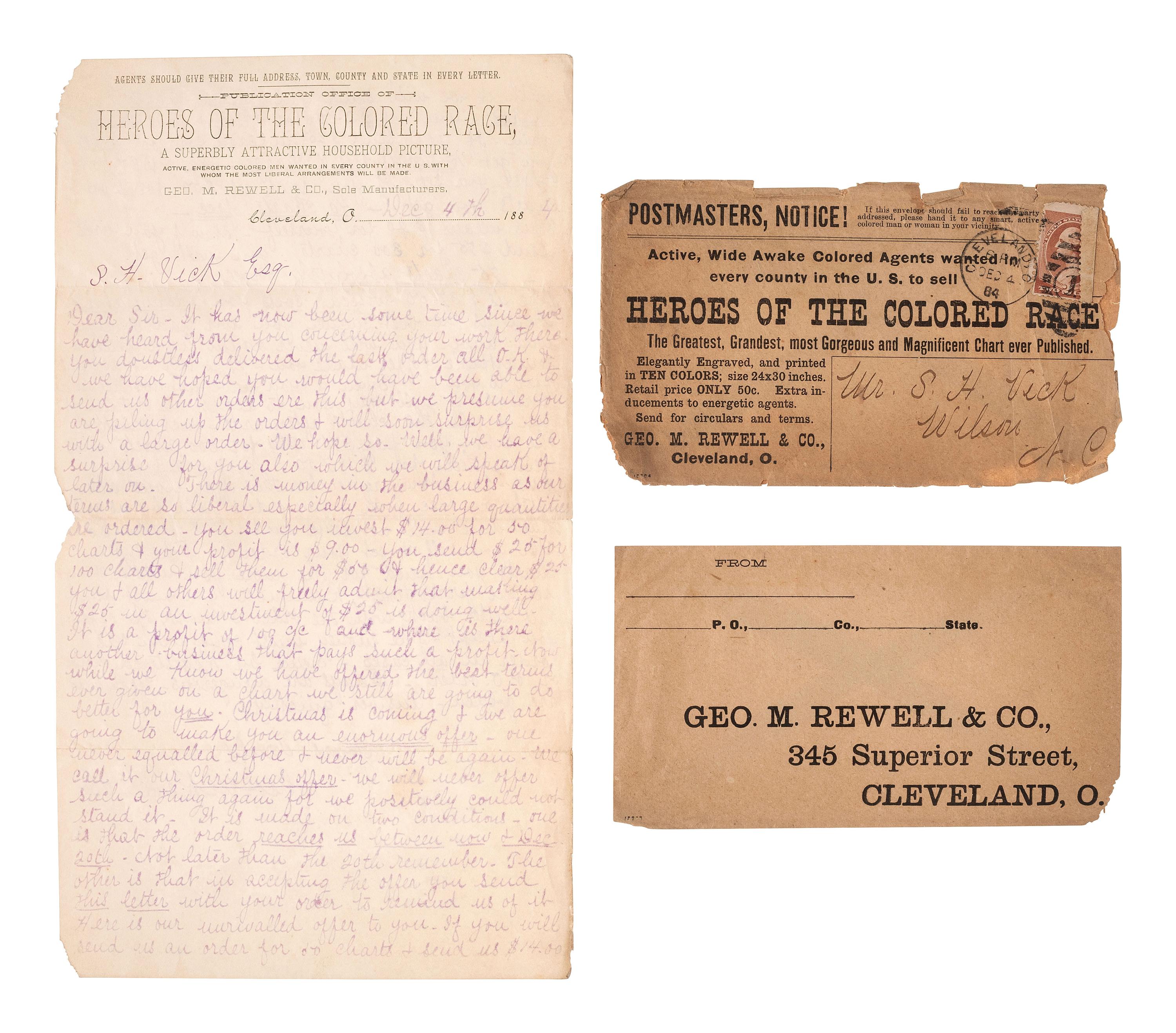 [AFRICAN AMERICANA]. Recruitment letter with cover seeking "Active, Wide Awake Colored Agents...in every county in the U.S." to sell "Heroes of the Colored Race." Cleveland, Ohio, 4 December 1884.