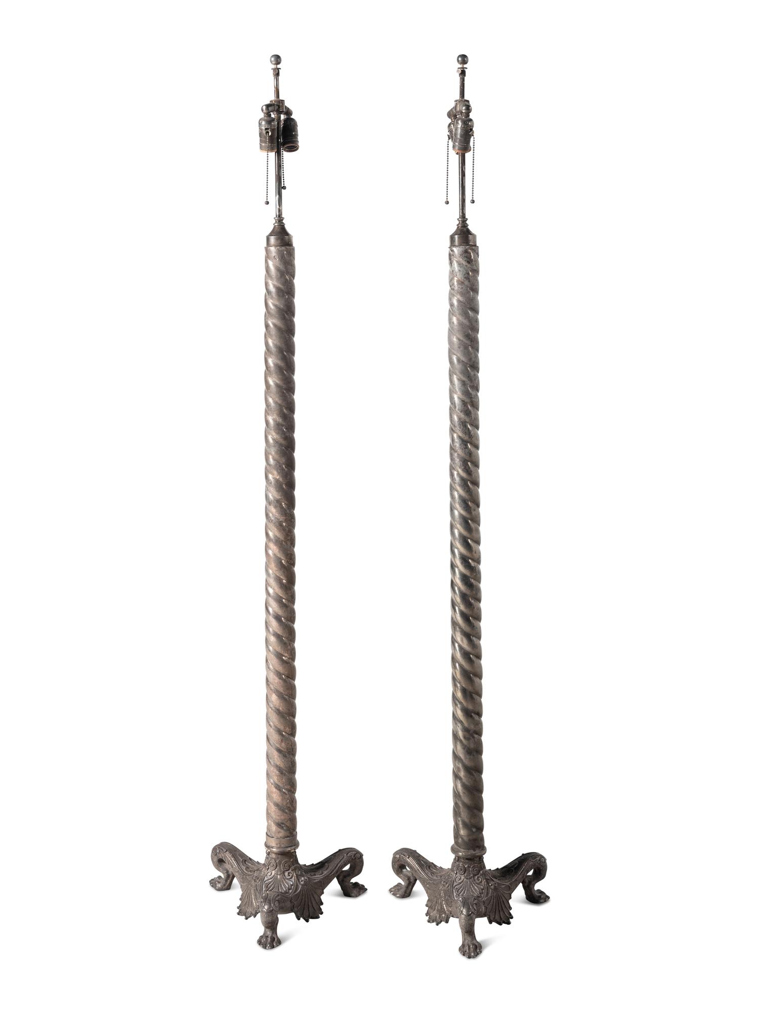 A Pair of Continental Neoclassical Style Silver-Plate Floor Lamps