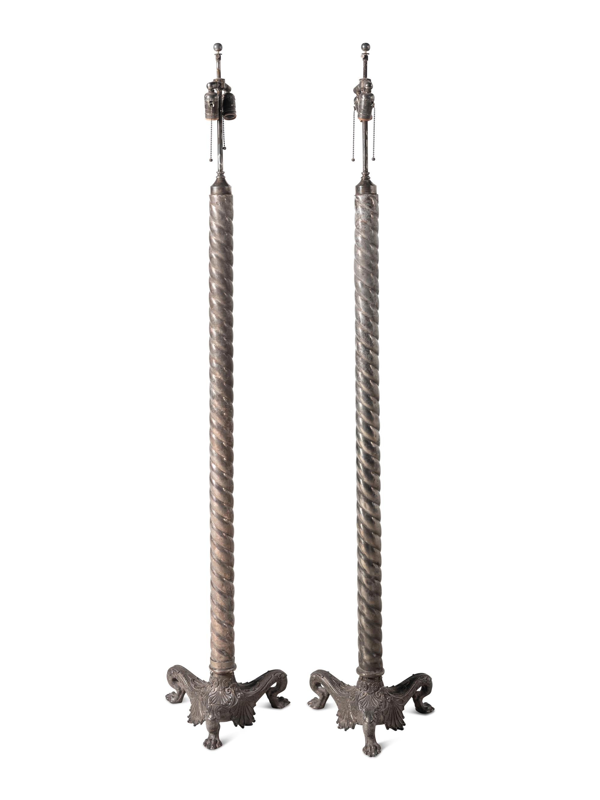 A Pair of Continental Neoclassical Style Silver-Plate Floor Lamps