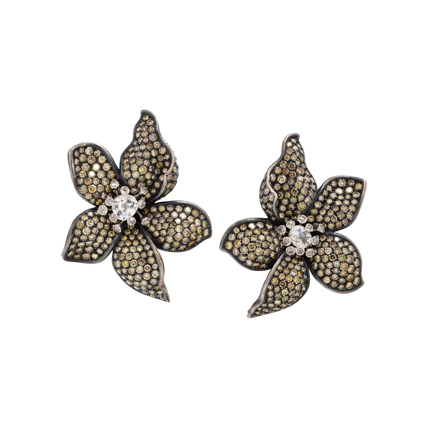 SILVER-TOPPED GOLD, DIAMOND AND COLORED DIAMOND FLOWER EARCLIPS