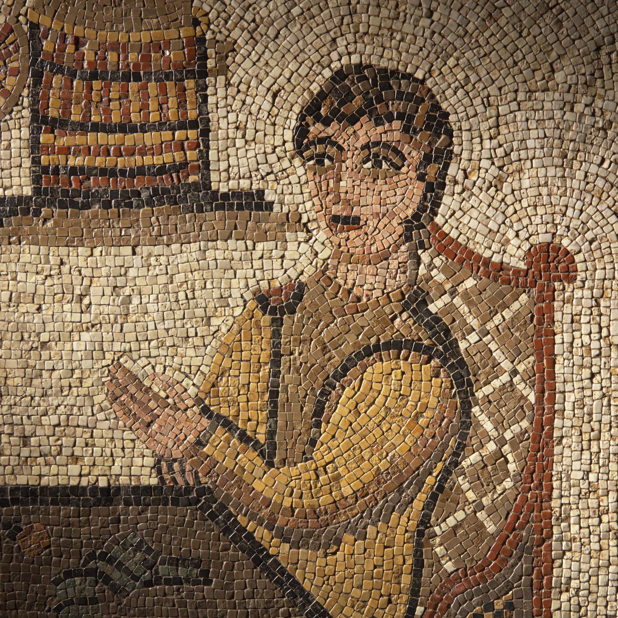 A Roman Style Stone Mosaic Panel with Men Playing a Dice Game