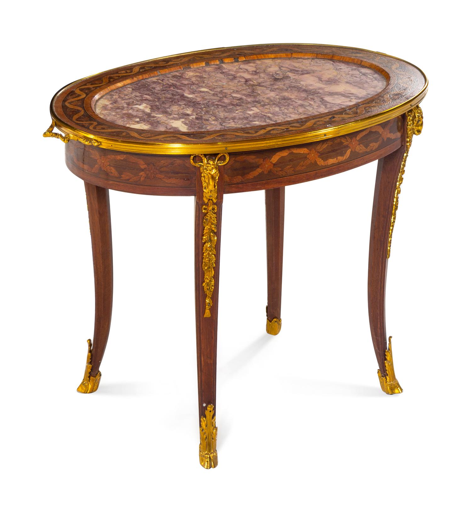 A Louis XVI Style Gilt Metal Mounted Marquetry Low Table