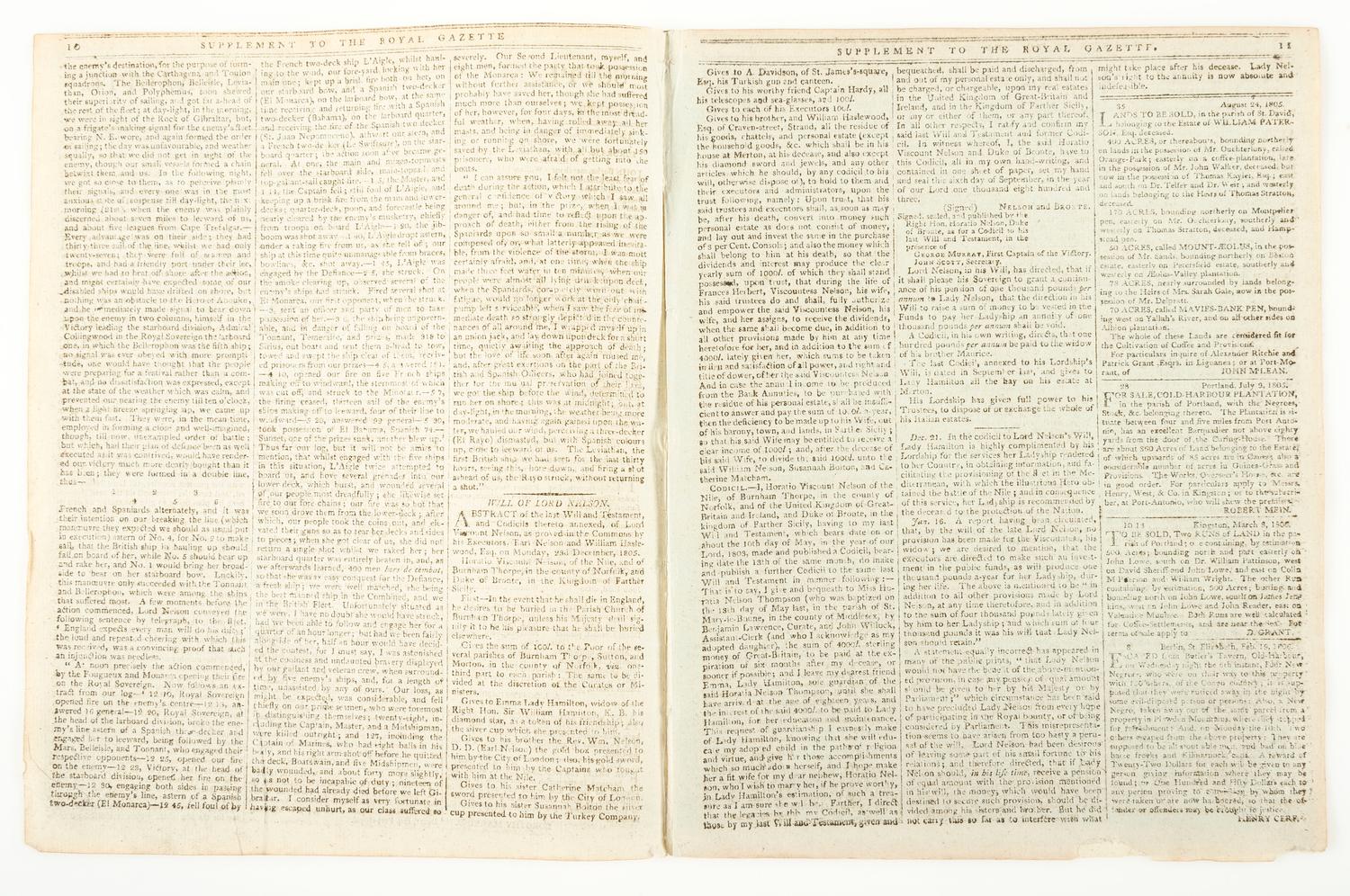 [BATTLE OF TRAFALGAR]. Supplement to the Royal Gazette and the Jamaica Courant . Vol. XXVIII, No. 13. Kingston: 29 March 1806.