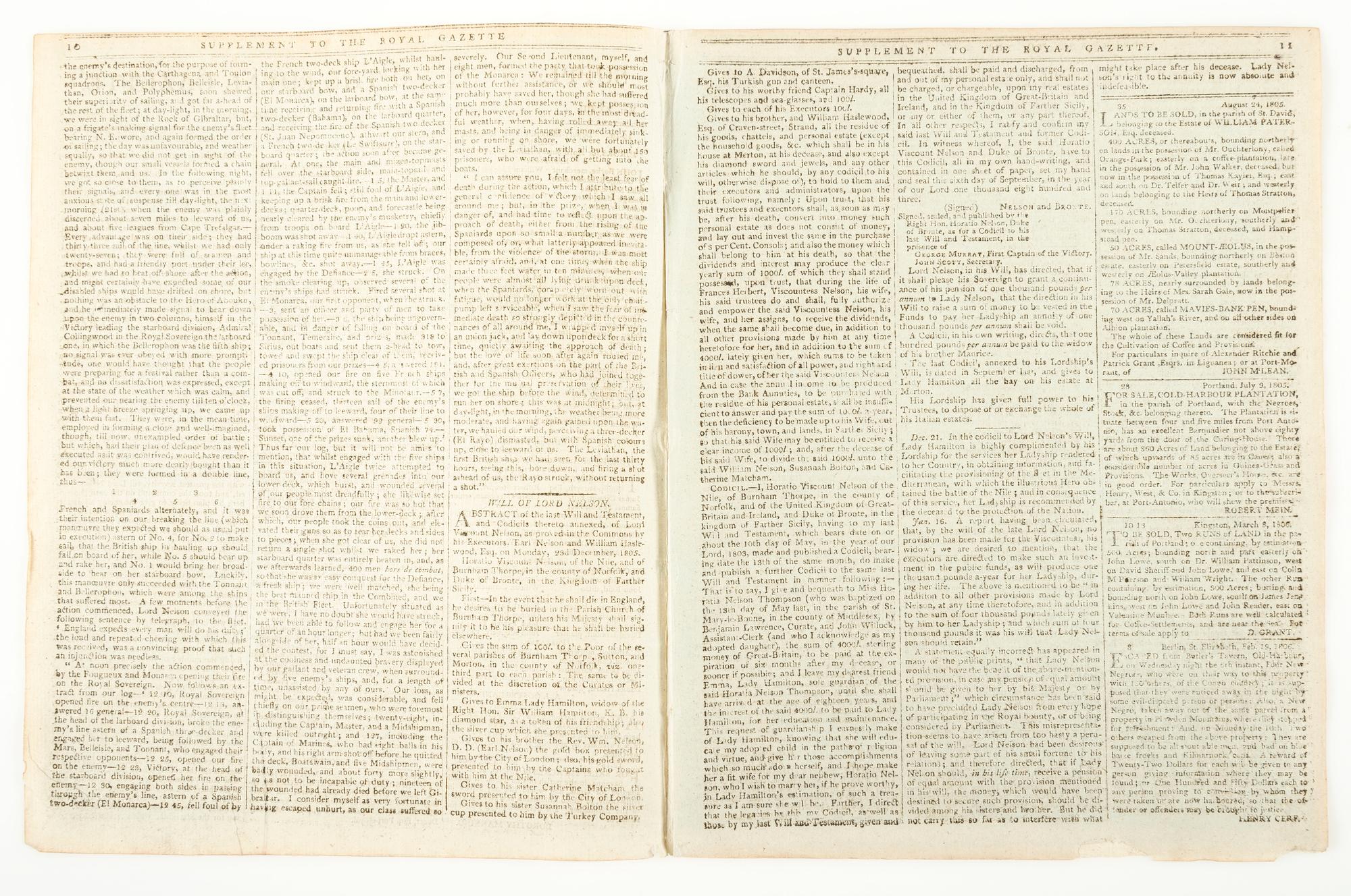 [BATTLE OF TRAFALGAR]. Supplement to the Royal Gazette and the Jamaica Courant . Vol. XXVIII, No. 13. Kingston: 29 March 1806.