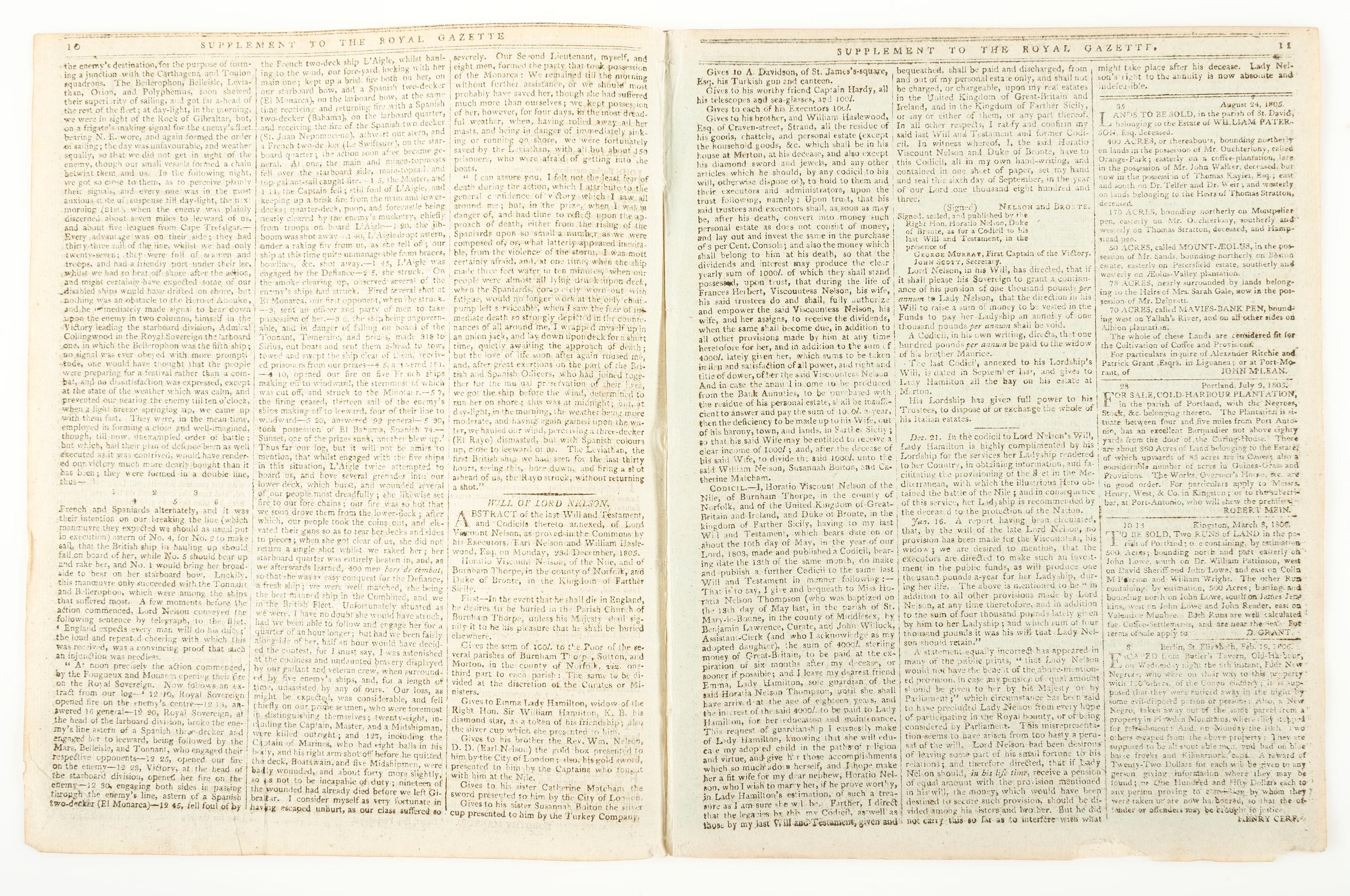 [BATTLE OF TRAFALGAR]. Supplement to the Royal Gazette and the Jamaica Courant . Vol. XXVIII, No. 13. Kingston: 29 March 1806.