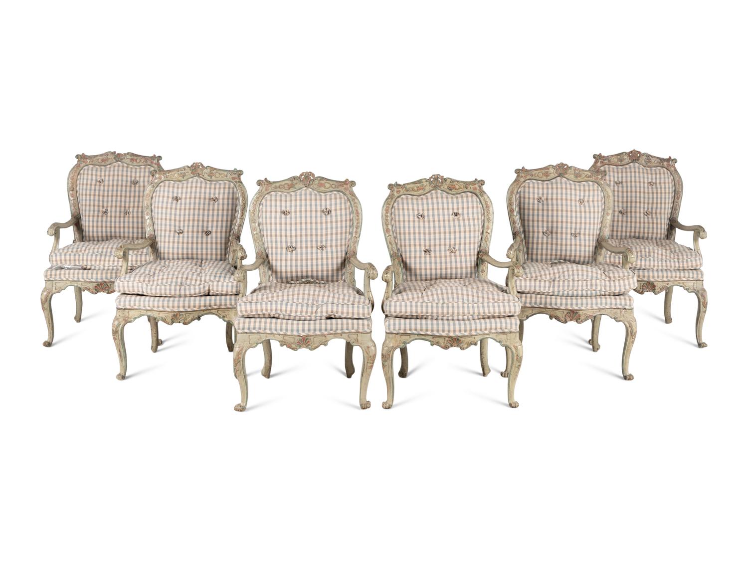 A Set of Six North Italian Rococo Polychrome Painted Armchairs