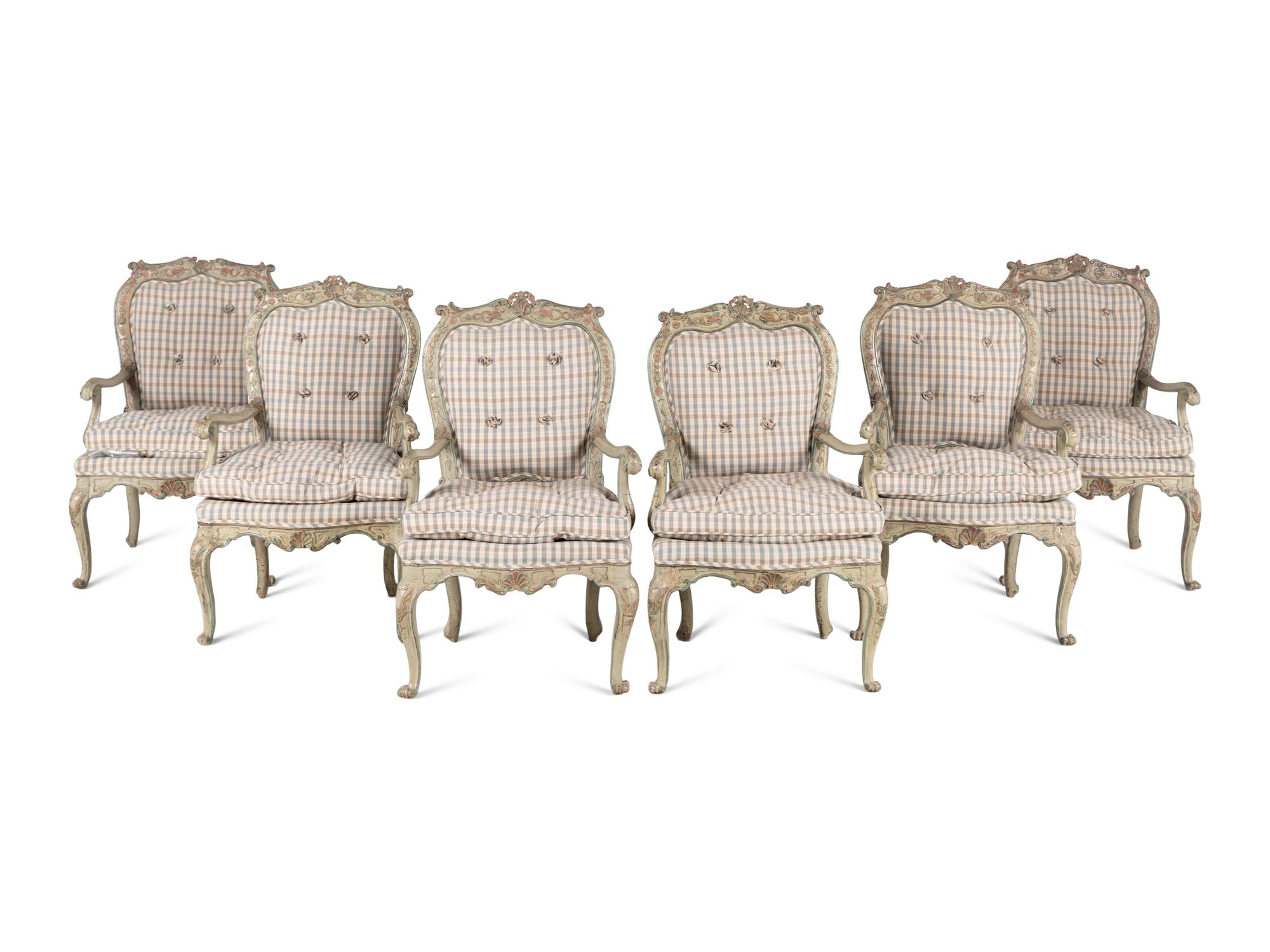 A Set of Six North Italian Rococo Polychrome Painted Armchairs