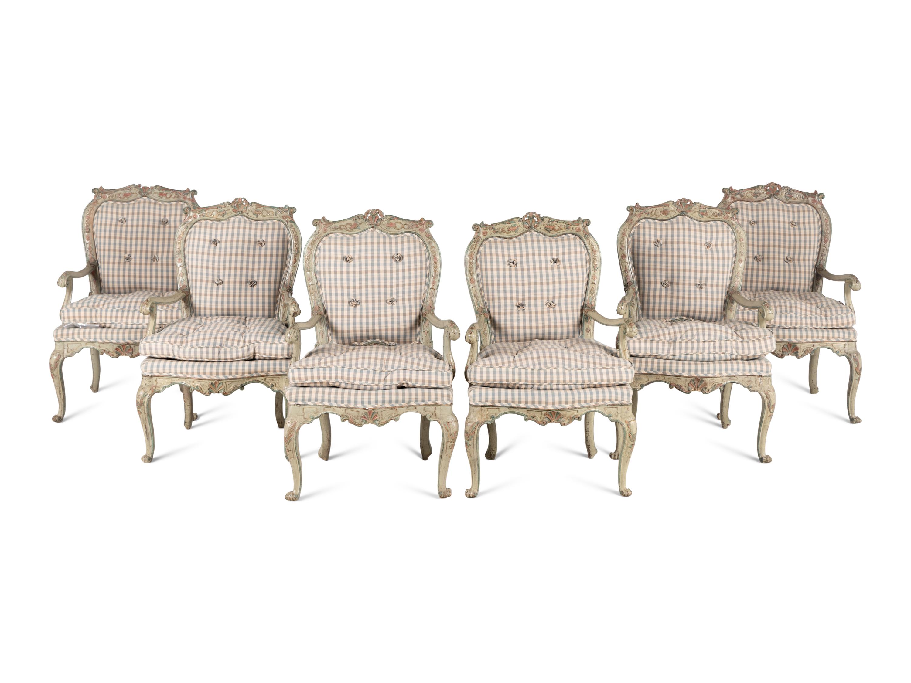 A Set of Six North Italian Rococo Polychrome Painted Armchairs