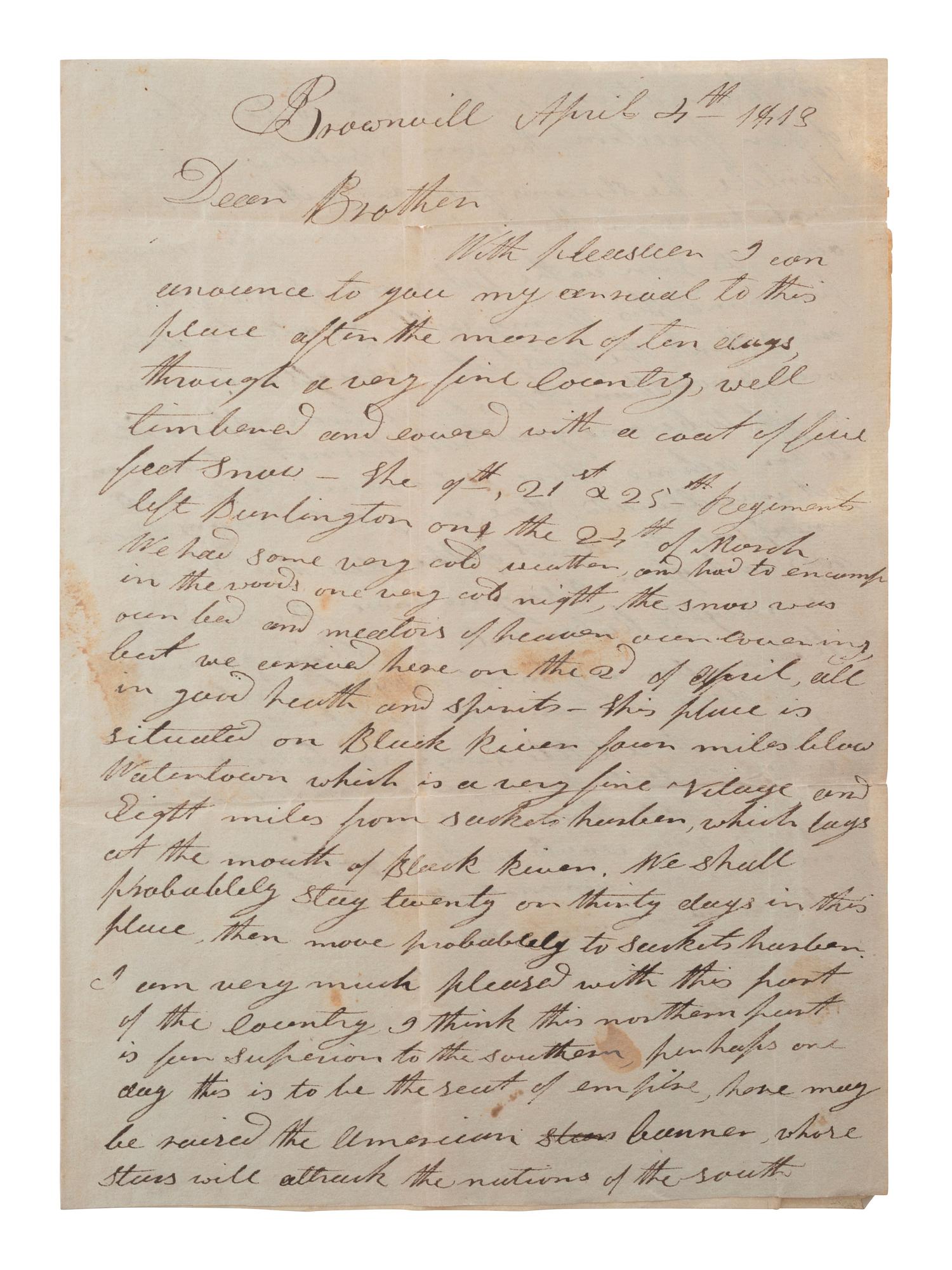 [WAR OF 1812]. Letter describing military movements in Upstate New York, written by Ira Wright. Brownville, 4 April 1813.
