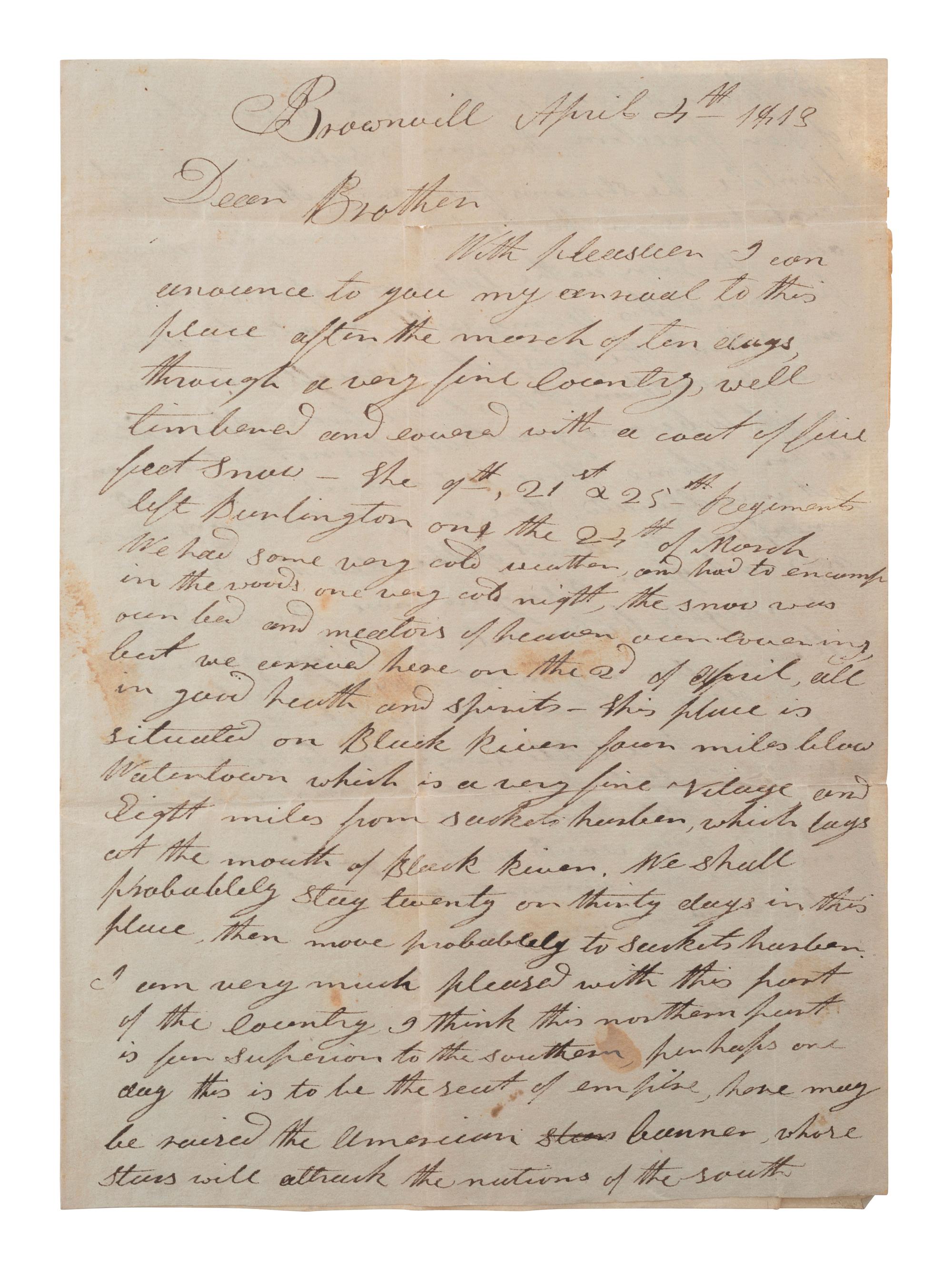 [WAR OF 1812]. Letter describing military movements in Upstate New York, written by Ira Wright. Brownville, 4 April 1813.