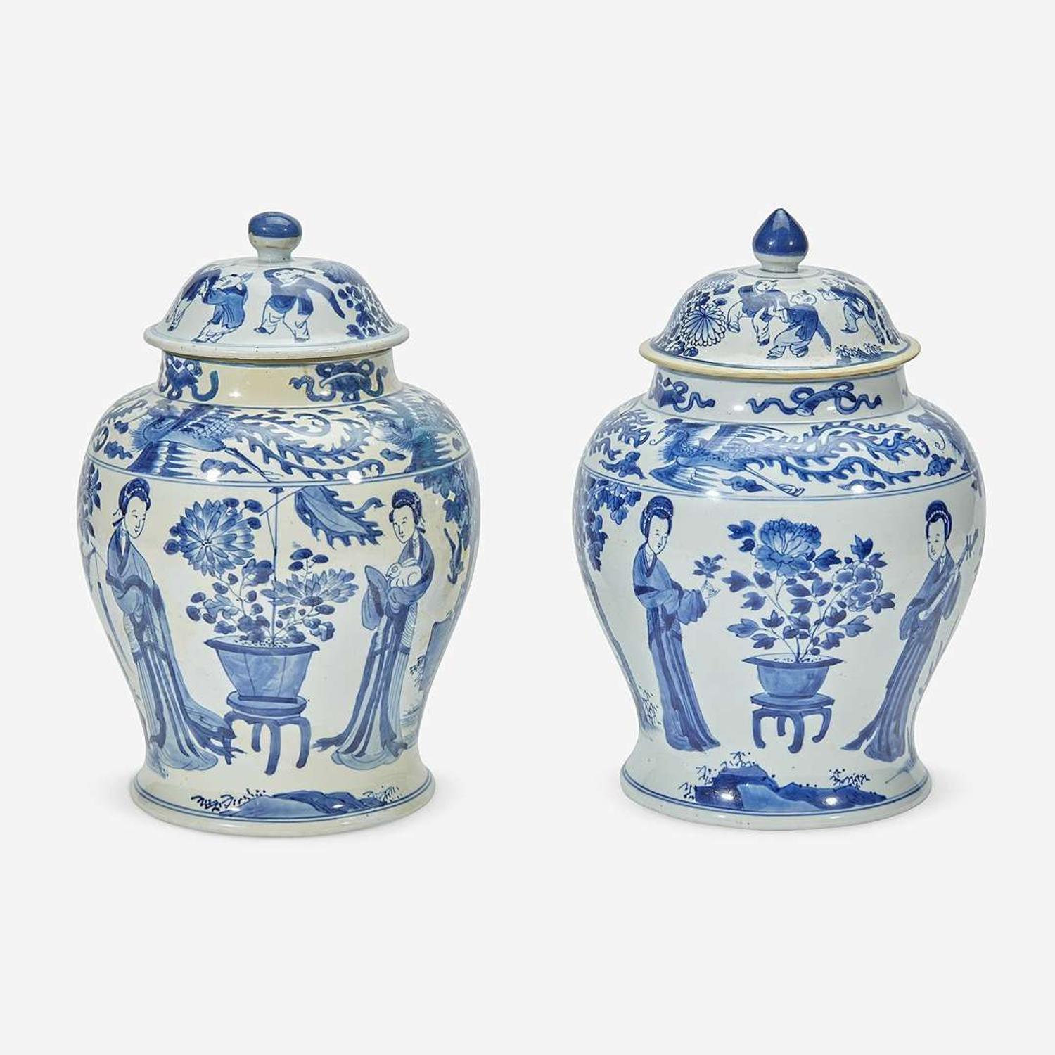 Two similar Chinese blue and white porcelain baluster jars and covers Kangxi period