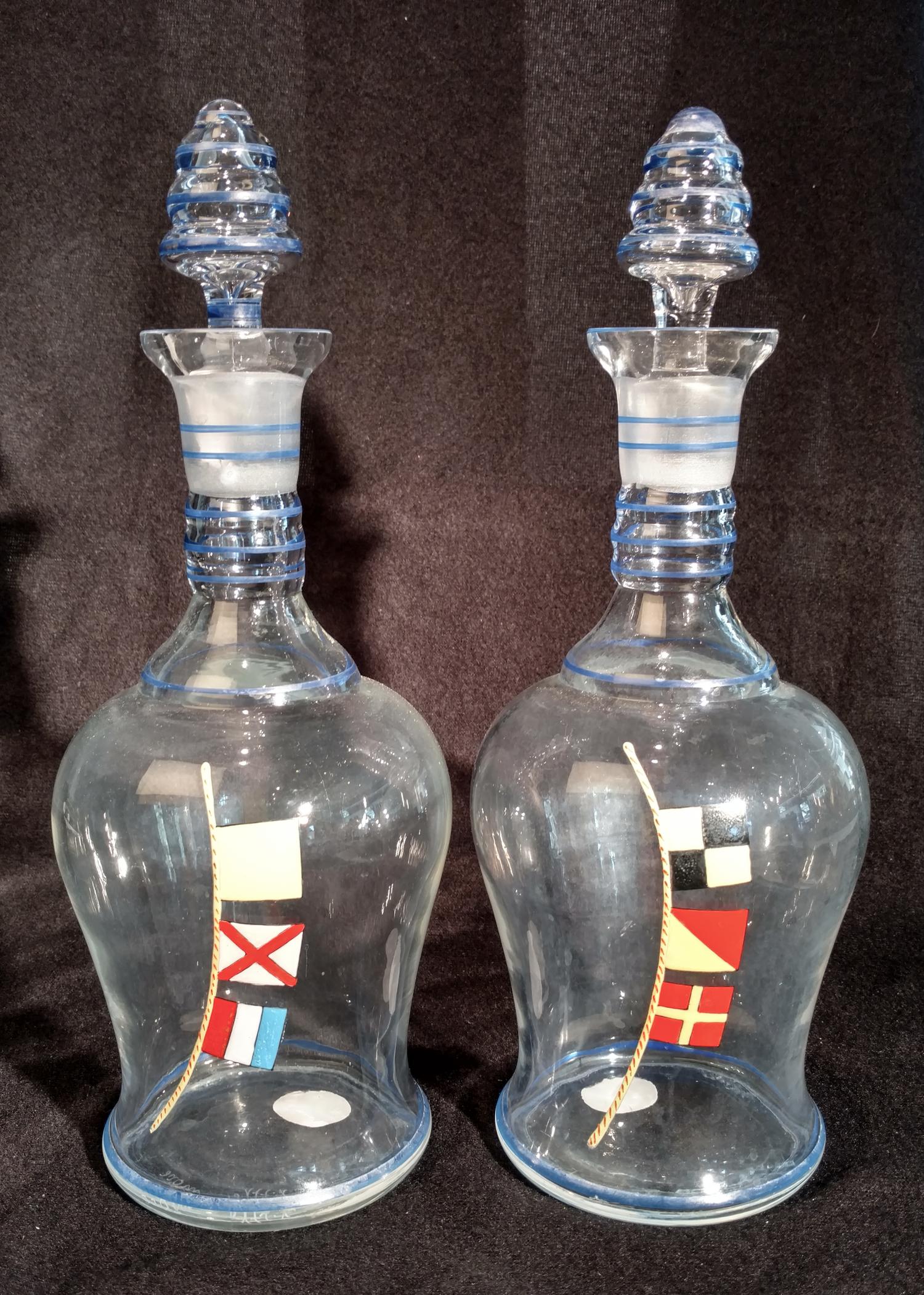 A Pair of Painted Glass Decanters Height 12 inches.