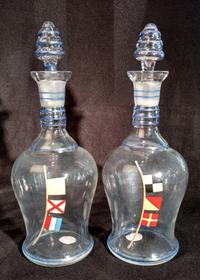 A Pair of Painted Glass Decanters Height 12 inches.