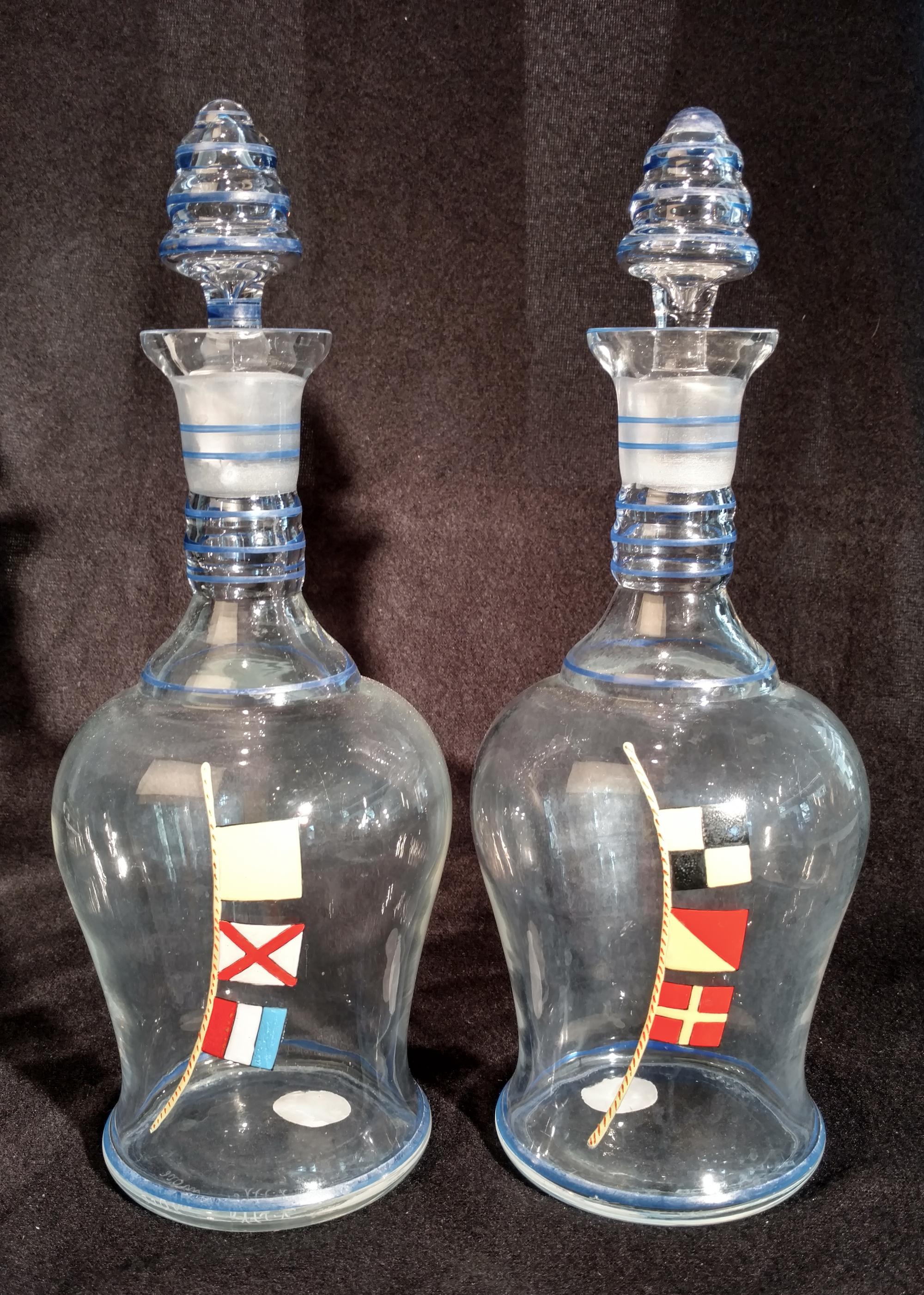 A Pair of Painted Glass Decanters Height 12 inches.