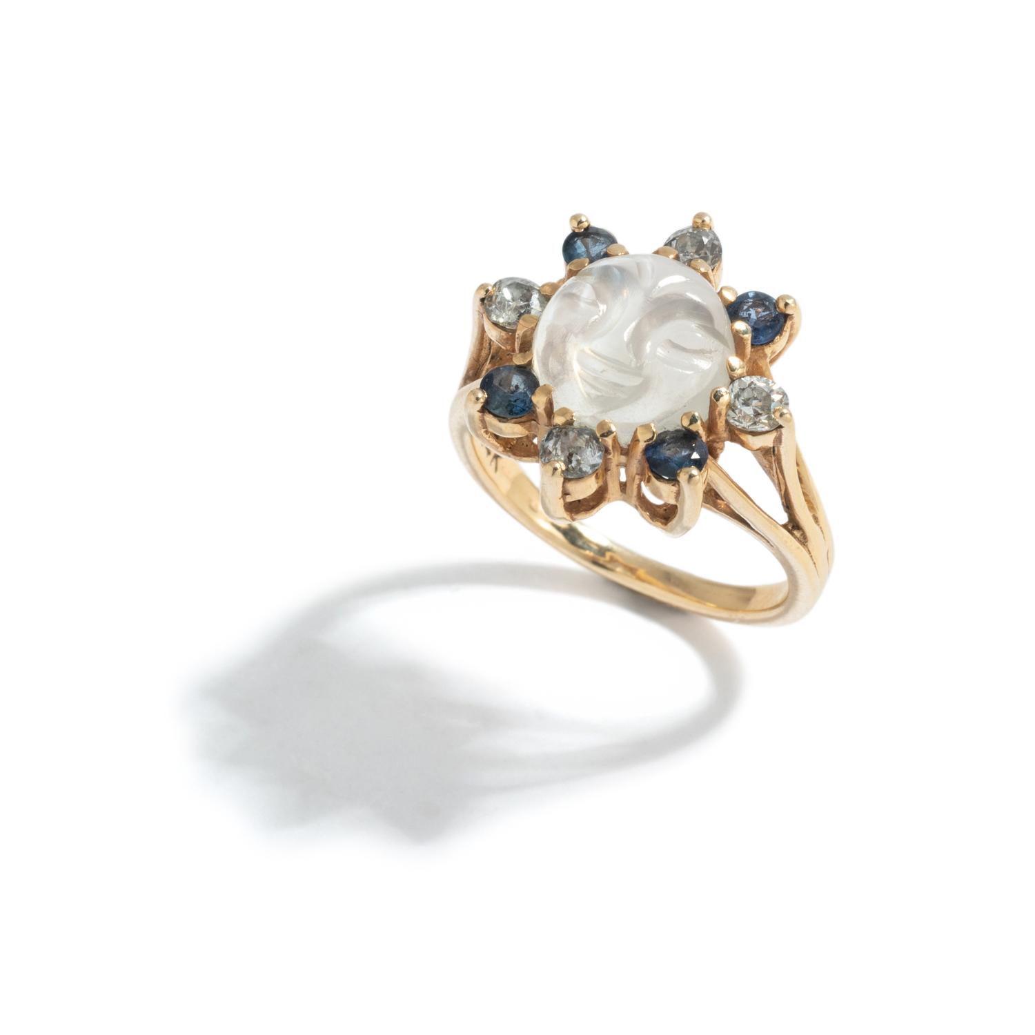 MOONSTONE, DIAMOND AND SAPPHIRE RING