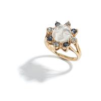 MOONSTONE, DIAMOND AND SAPPHIRE RING