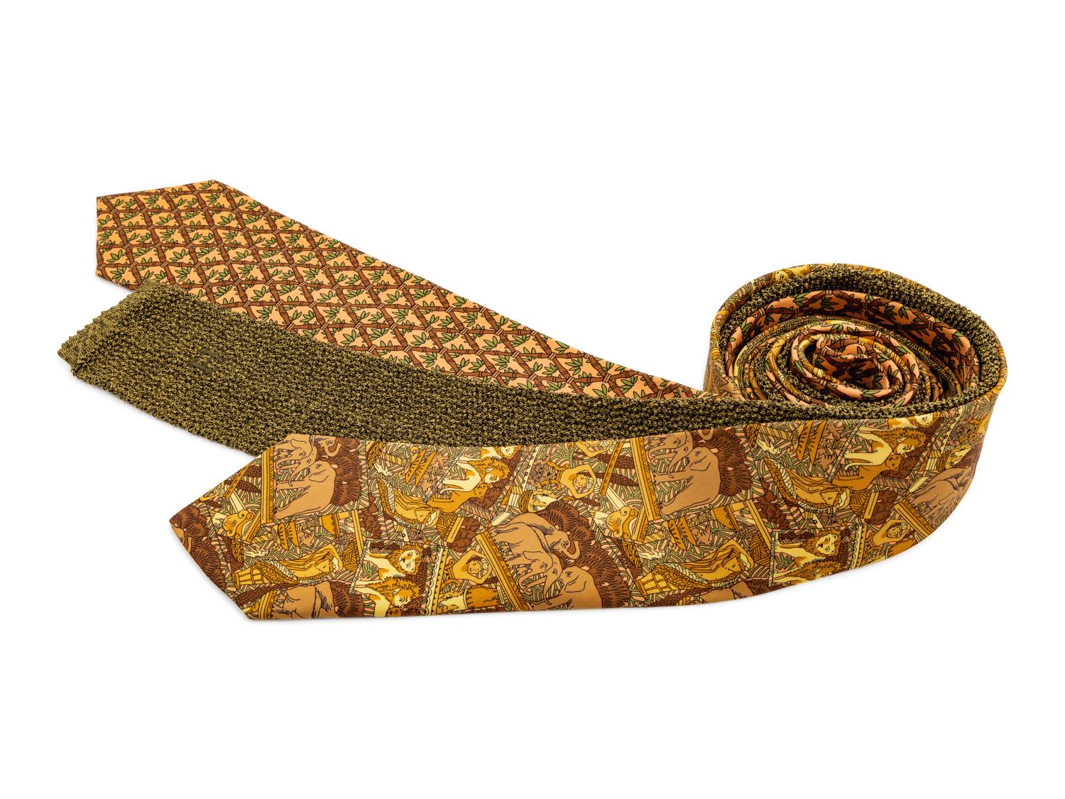 Three Hermes ties, one peach with bamboo print, one yellow and brown animal print, one olive green knit