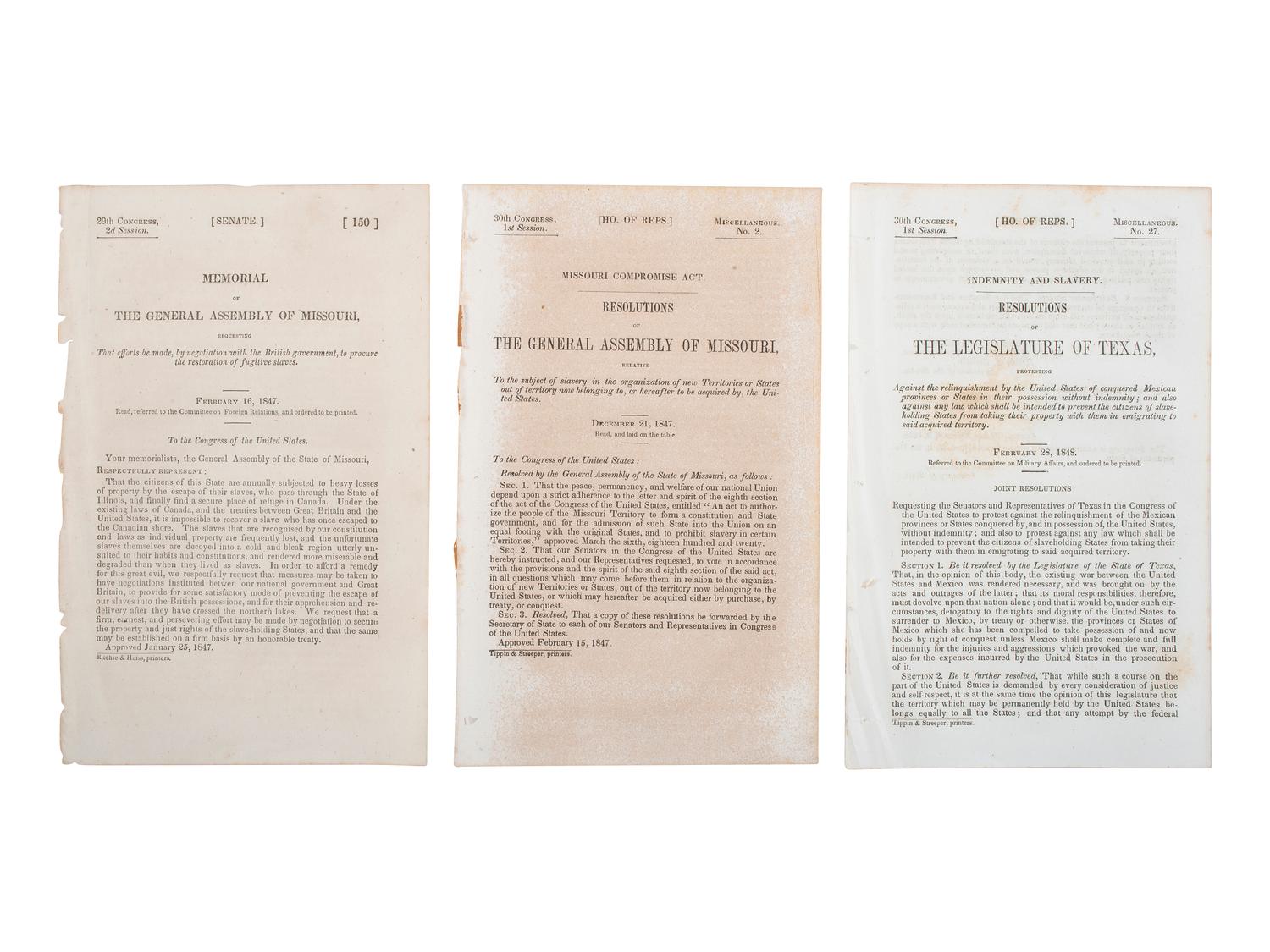 [SLAVERY & ABOLITION]. A group of 7 state and federal resolutions related to slavery, especially the expansion into new territories, comprising: