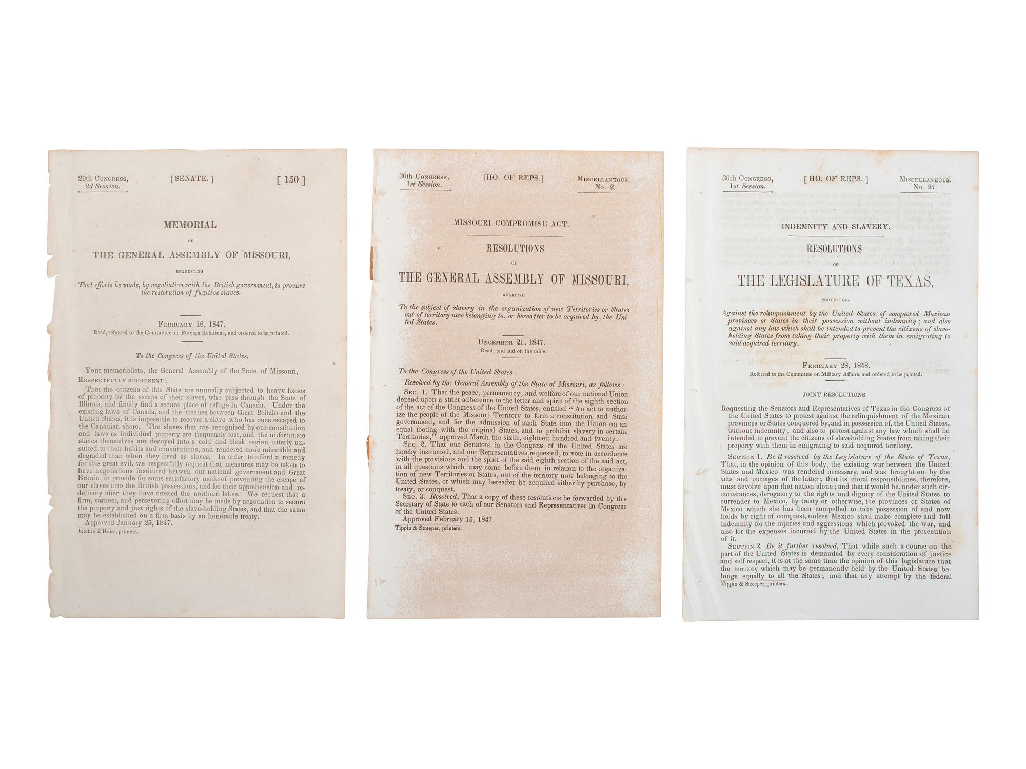 [SLAVERY & ABOLITION]. A group of 7 state and federal resolutions related to slavery, especially the expansion into new territories, comprising: