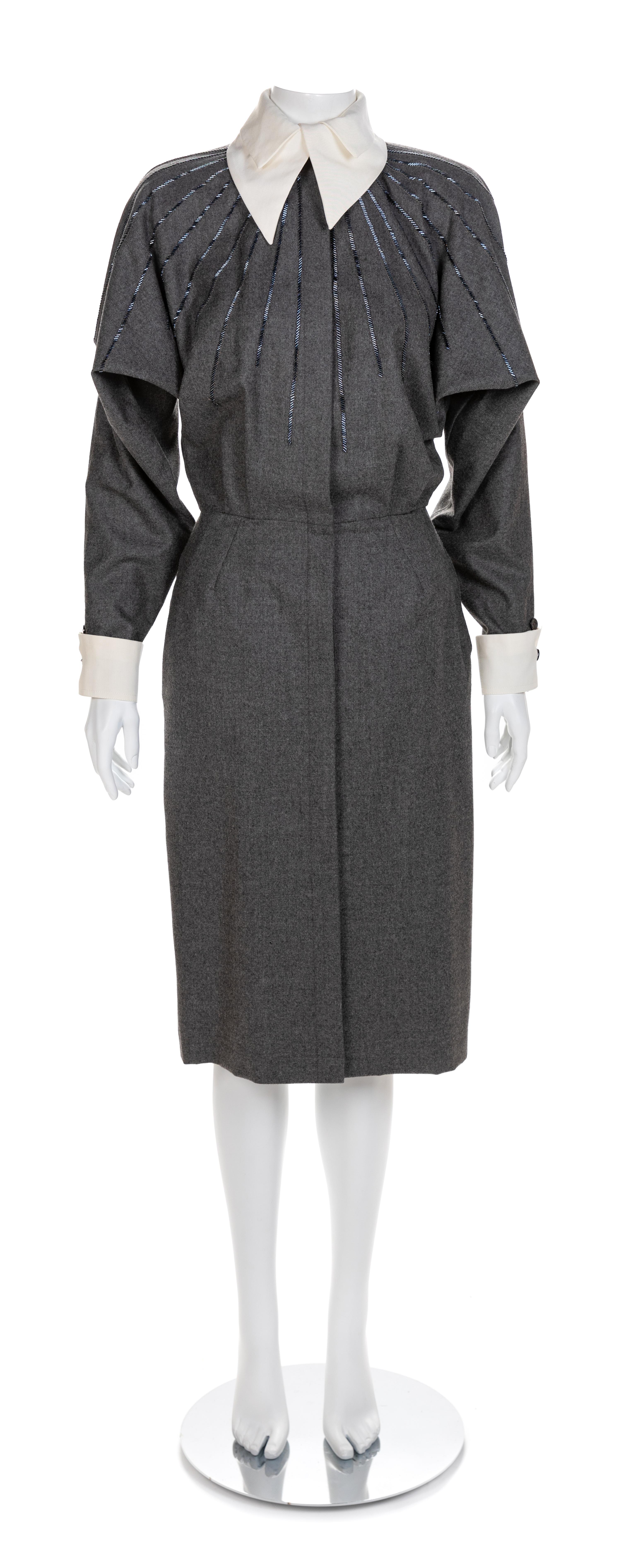 Gucci Grey Wool Dress with Detachable Collar, 1980s No size label