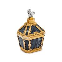 A George III Gold-Mounted Agate and Enameled Scent Bottle, Snuff Box and Patch Box
