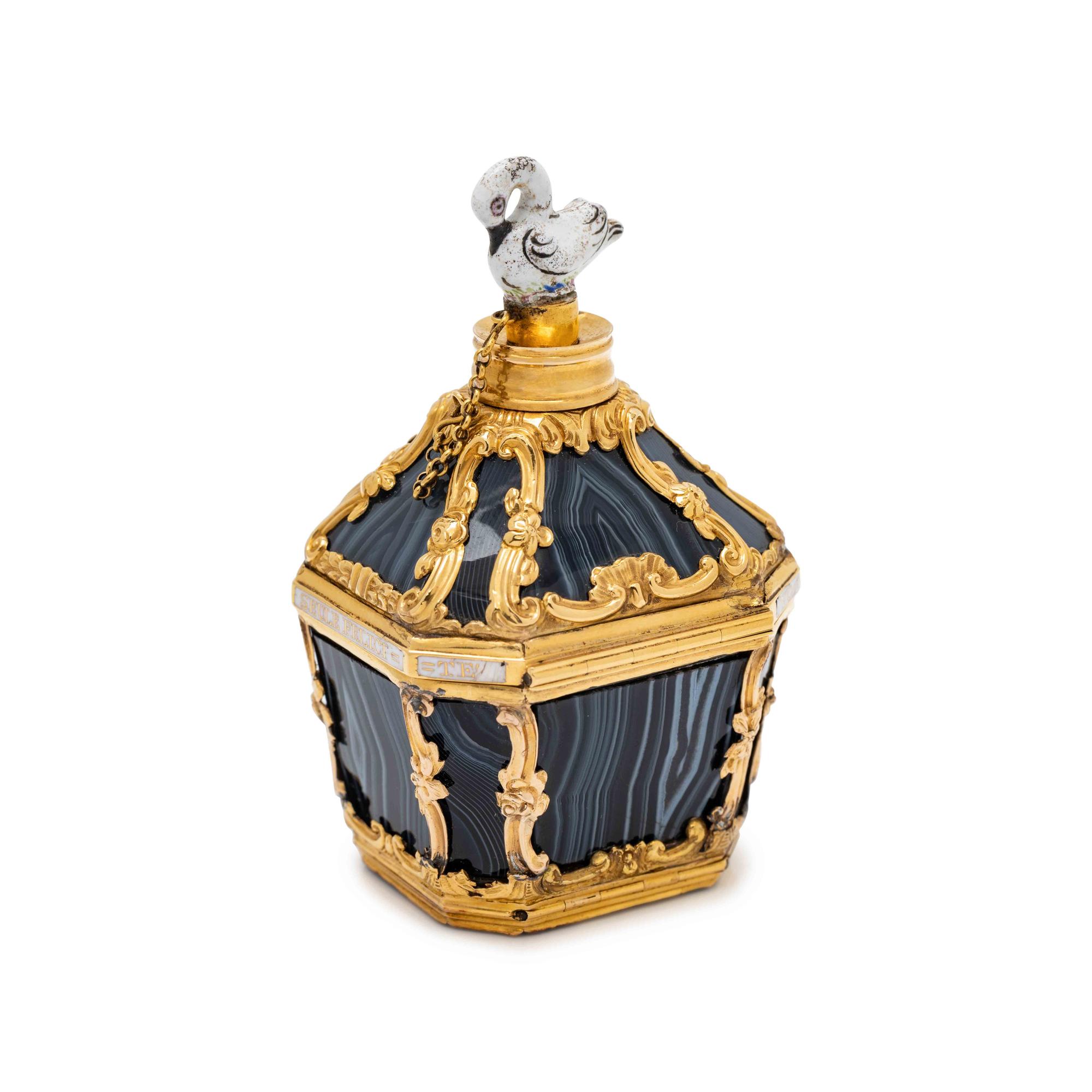A George III Gold-Mounted Agate and Enameled Scent Bottle, Snuff Box and Patch Box