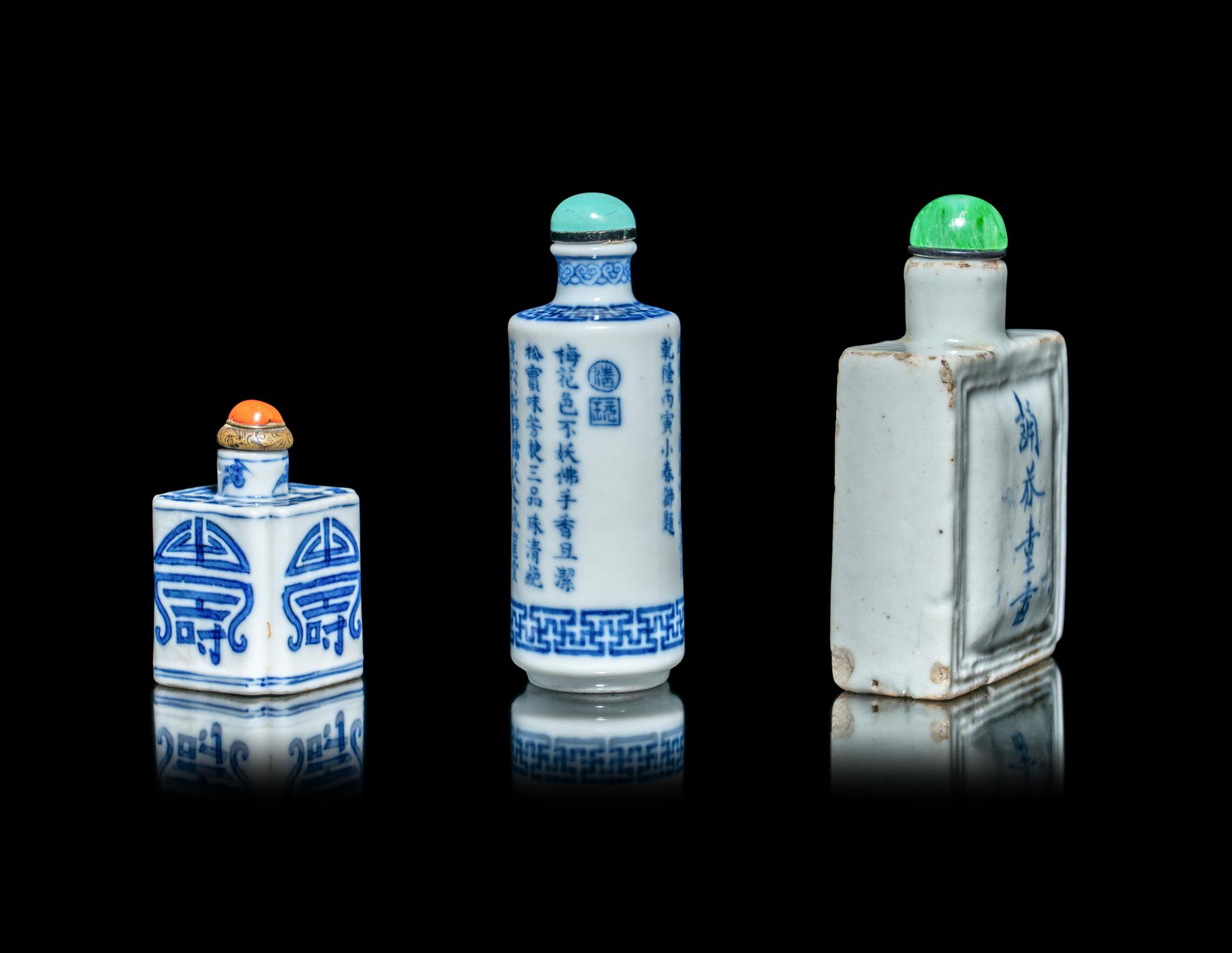 Three Chinese Blue and White Porcelain Snuff Bottles
