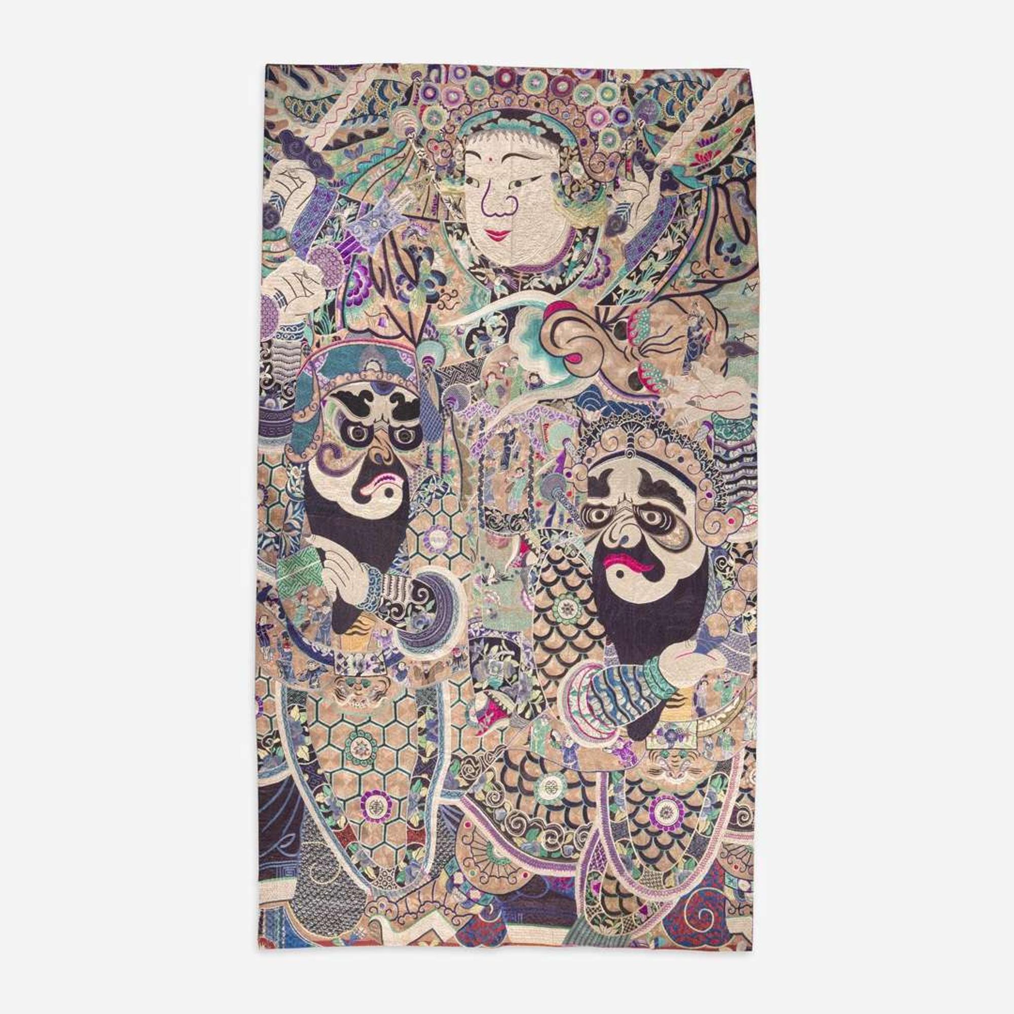 A very large and unusual Chinese silk-embroidered tapestry 巨幅京剧人物挂毯 Late Qing dynasty ??