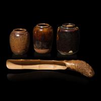 Three Japanese Tea Caddies, Chaire, with Shifuku , One Double Box, and a Bamboo Scoop, The first Chaire 16th Century