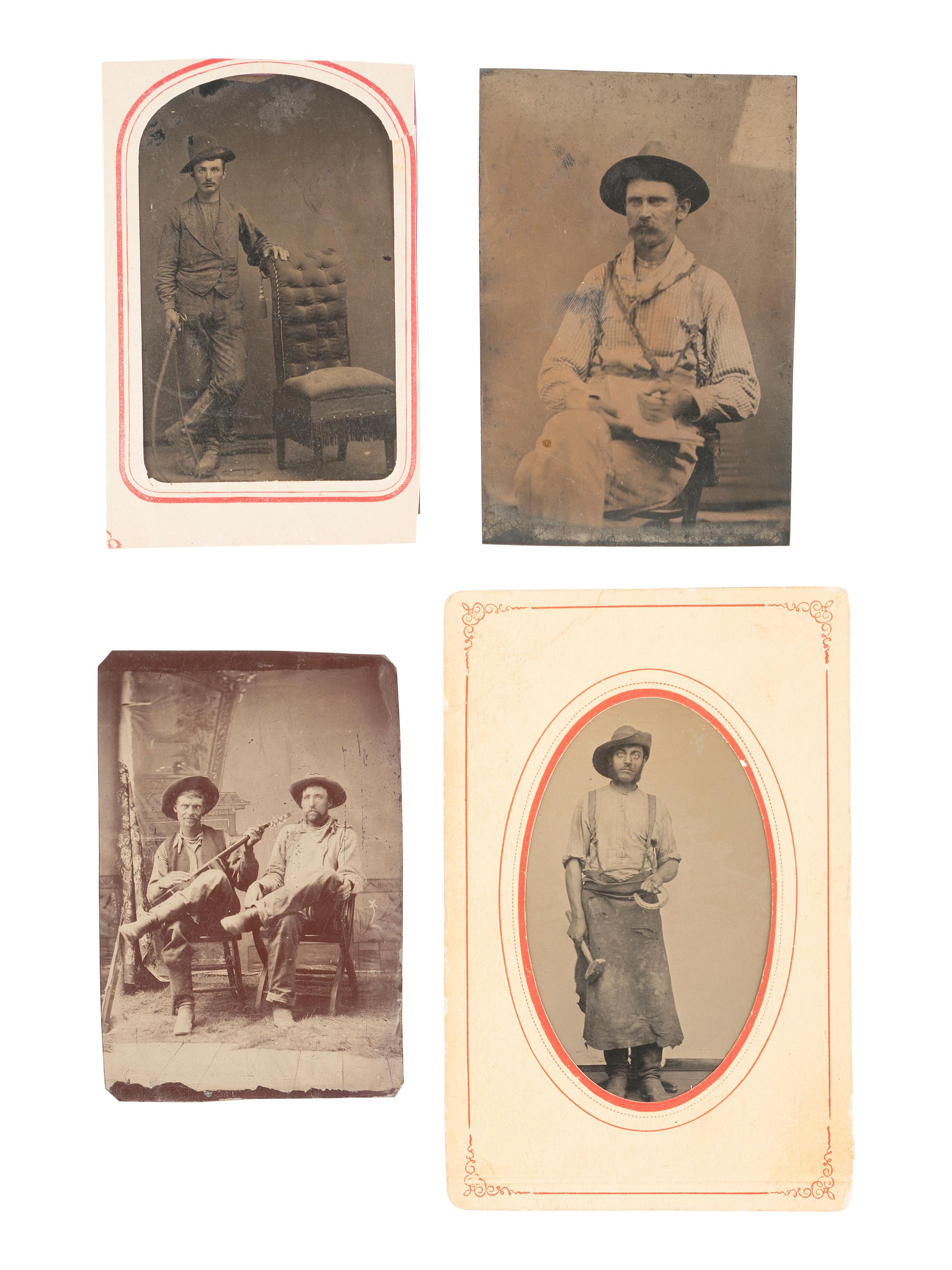 [WESTERN AMERICANA] 5 tintypes of occupational subjects, incl. a blacksmith, musicians, and cowboys