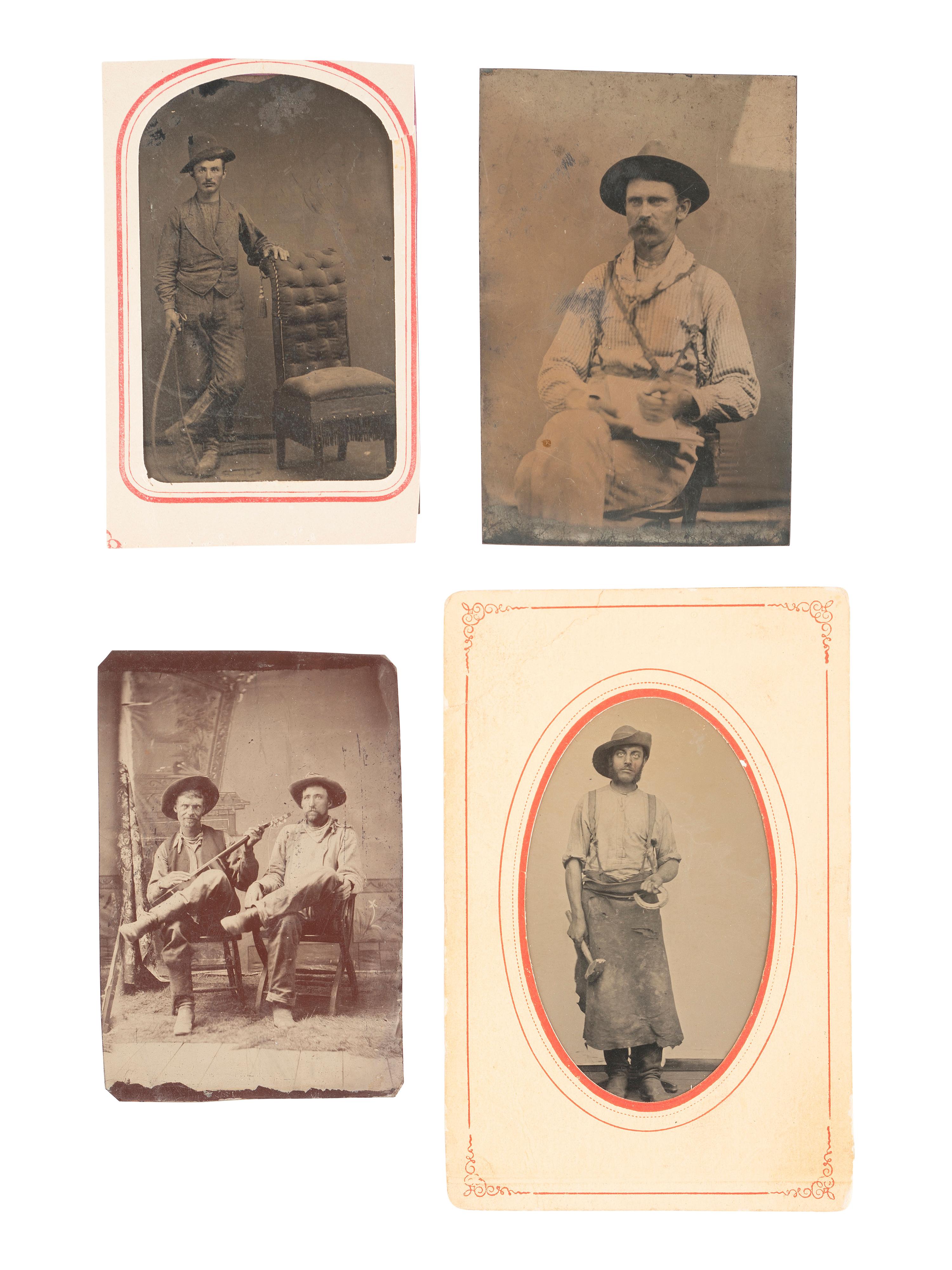 [WESTERN AMERICANA] 5 tintypes of occupational subjects, incl. a blacksmith, musicians, and cowboys