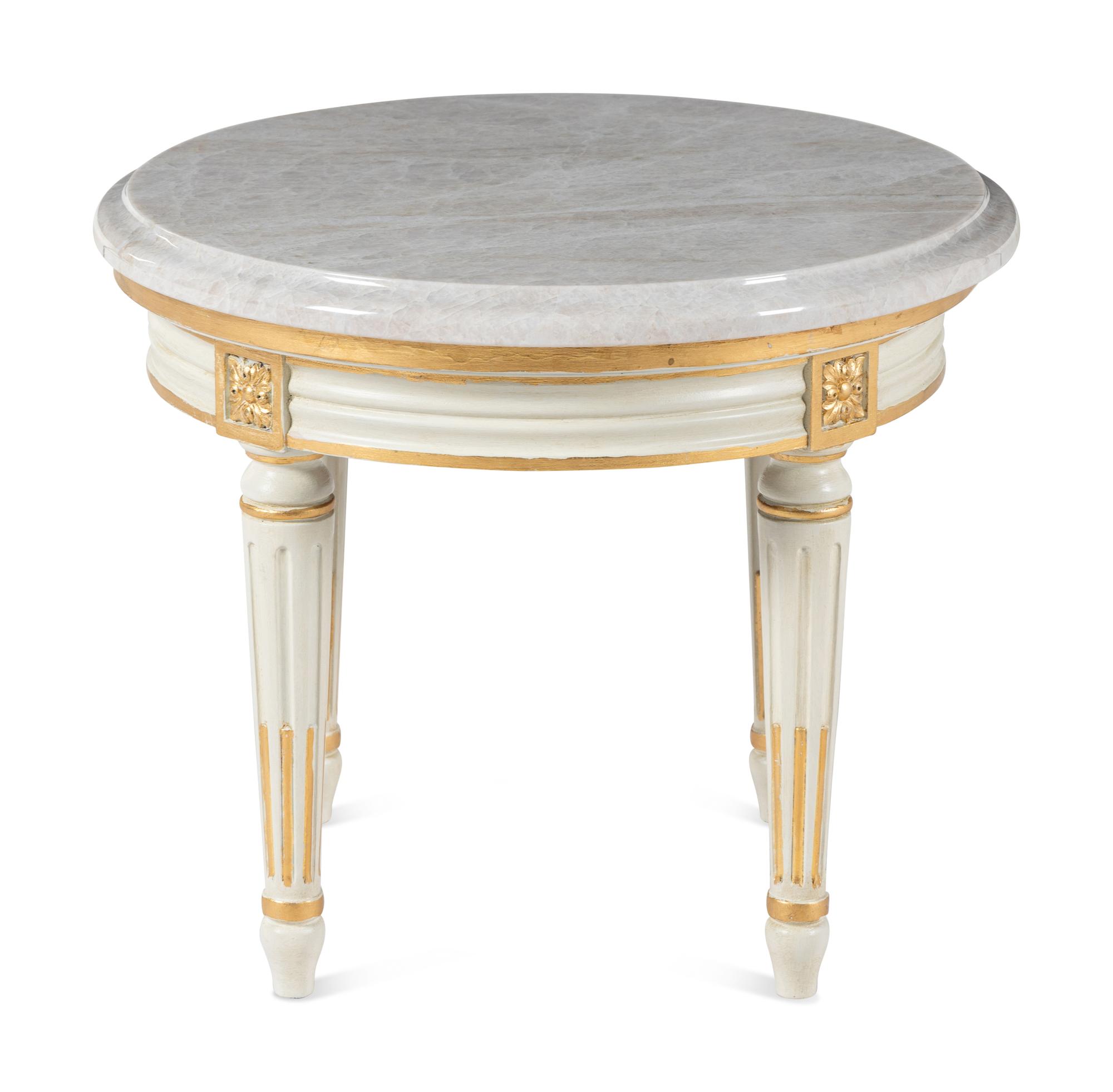 A Louis XVI Style Painted and Parcel Gilt Quartz-Top Low Table