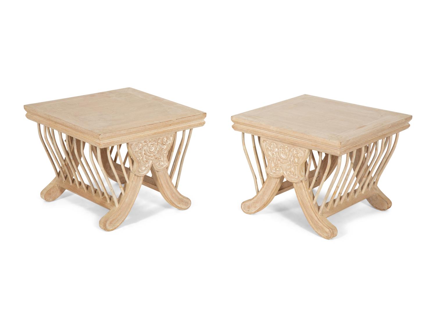 A Pair of Balinese Carved and Cerused Side Tables
