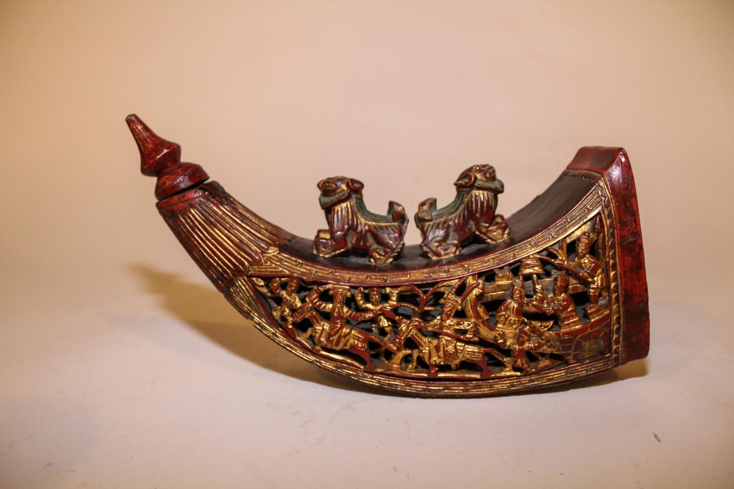 A Chinese Carved Wood Horn. Length 10 1/4 inches.