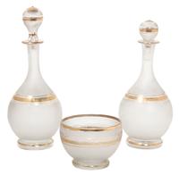 Two Frosted Glass Decanters Height of decanters 8 1/2 inches.