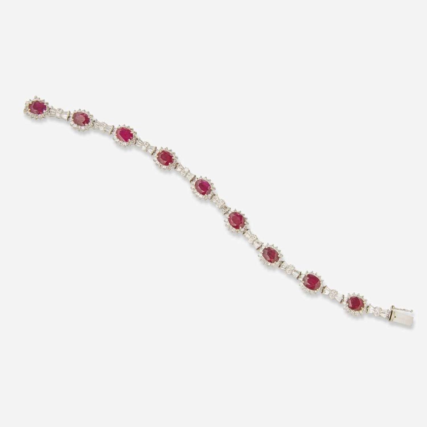 A 14K White Gold, Diamond, and Ruby Bracelet