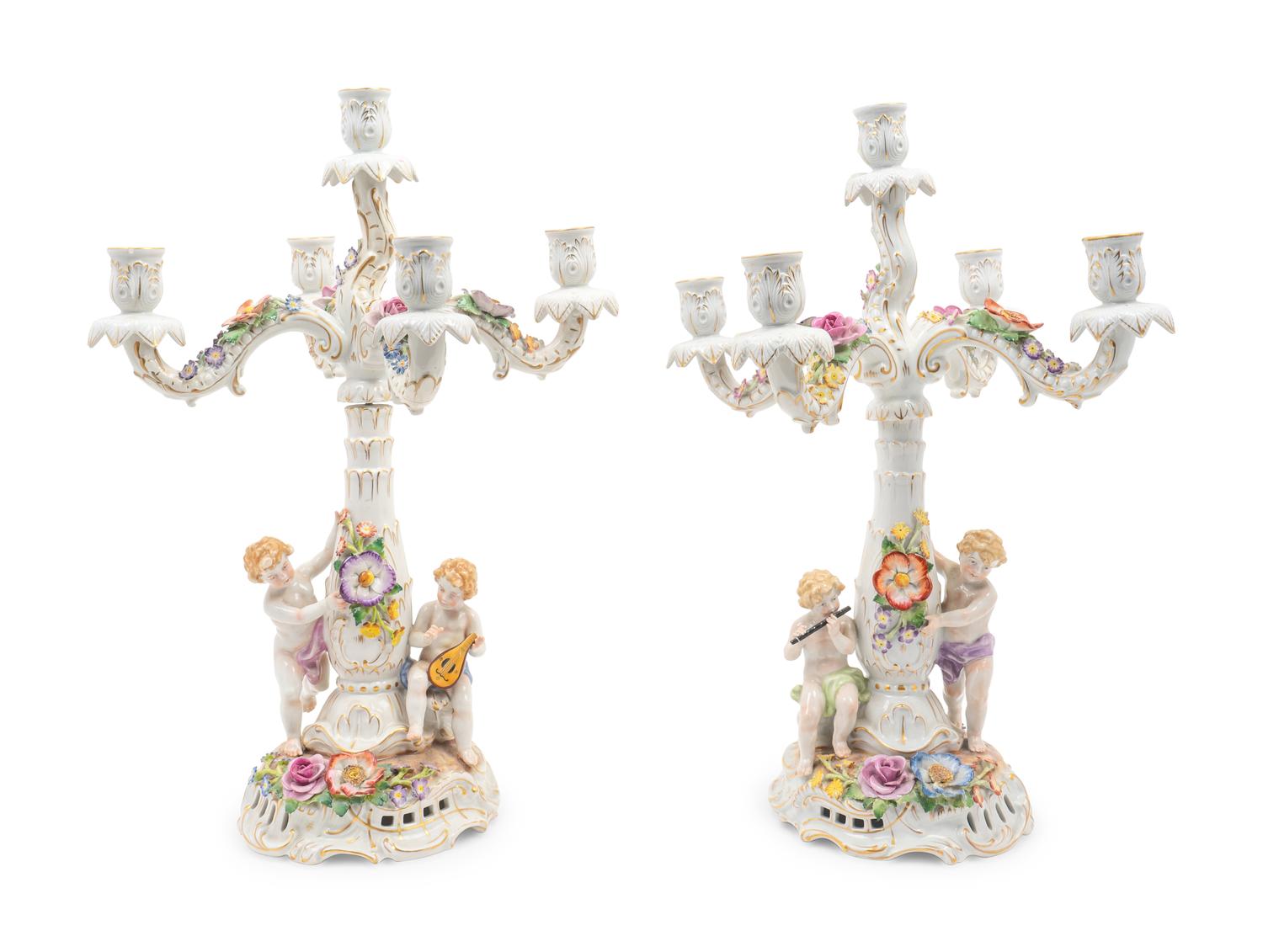 A Pair of German Porcelain Five-Light Candelabra — EARLY 20TH CENTURY