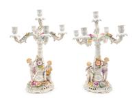A Pair of German Porcelain Five-Light Candelabra — EARLY 20TH CENTURY
