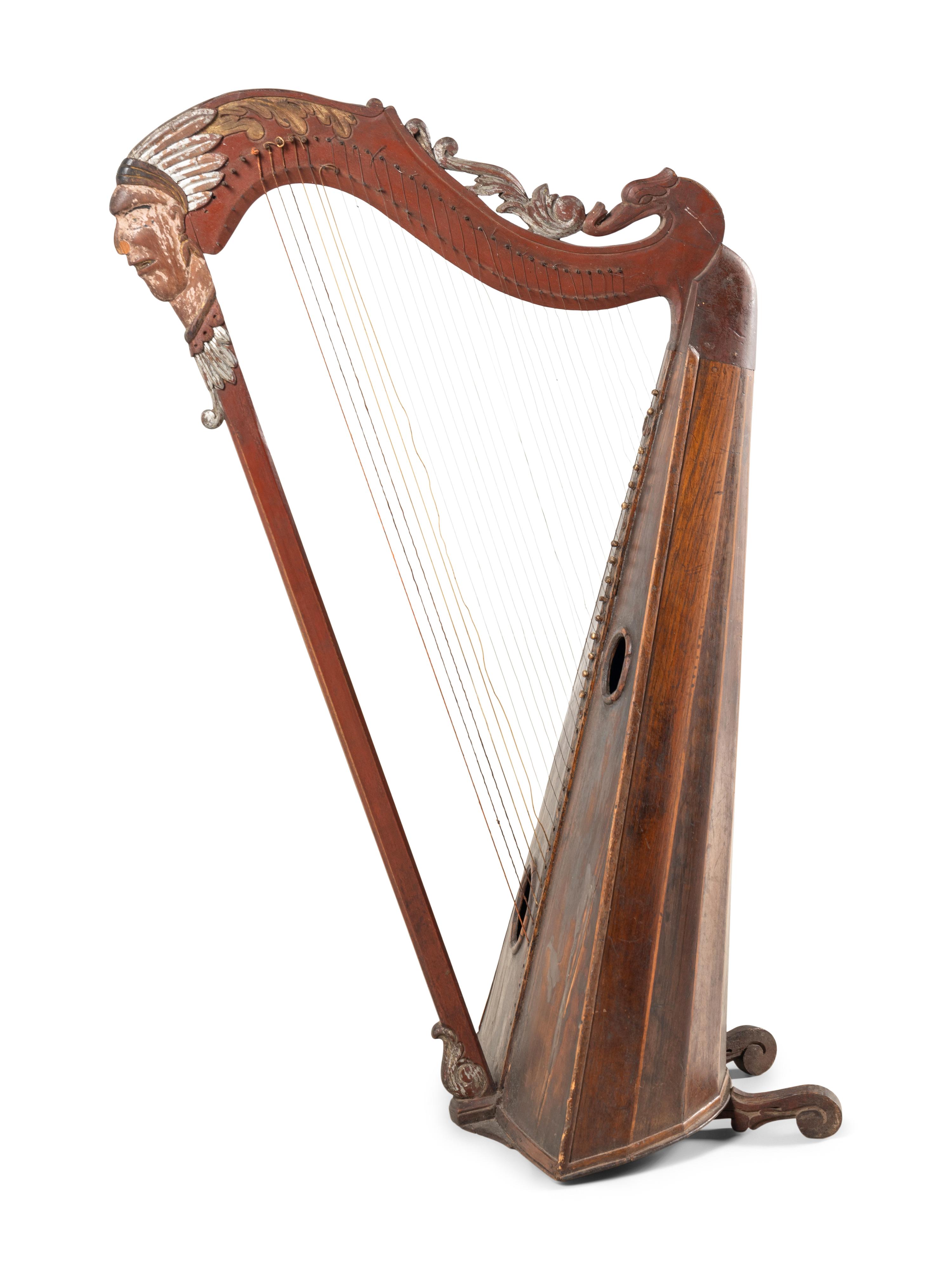 A Carved and Painted Harp With Native American Figure, Early 20th Century